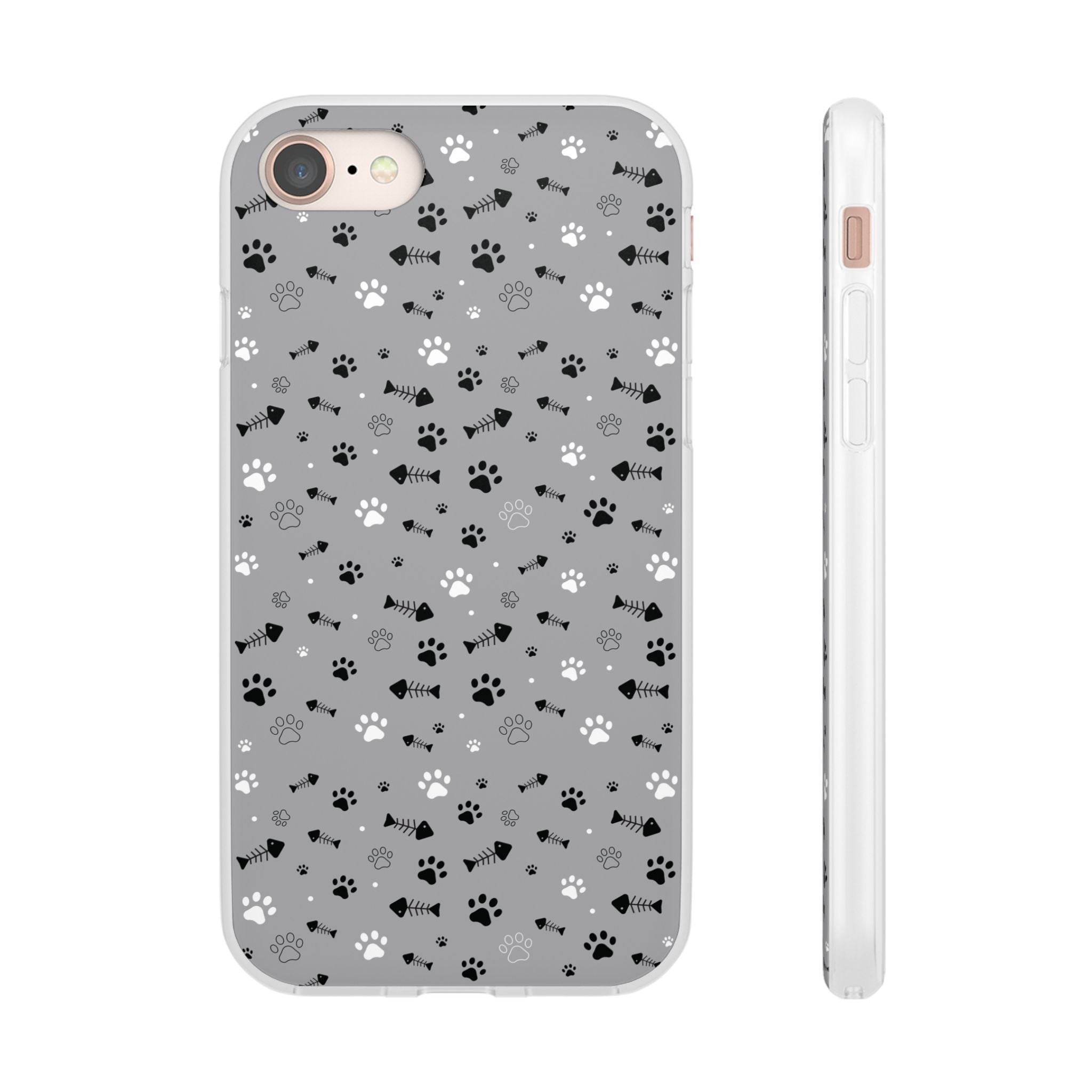 Printify paw print flexible phone case with black and white paw and fish bone pattern on gray background