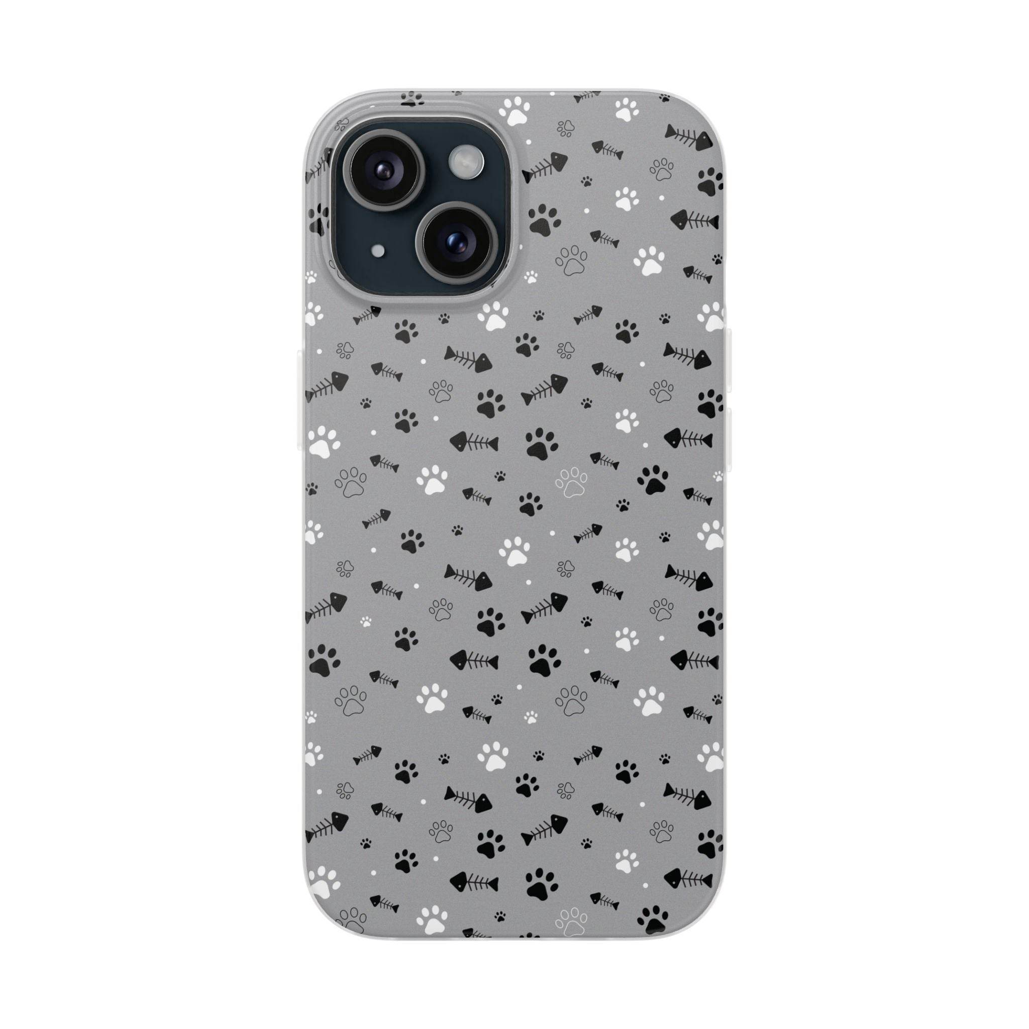 Printify paw print flexible phone case with black and white paw and bone patterns on gray background