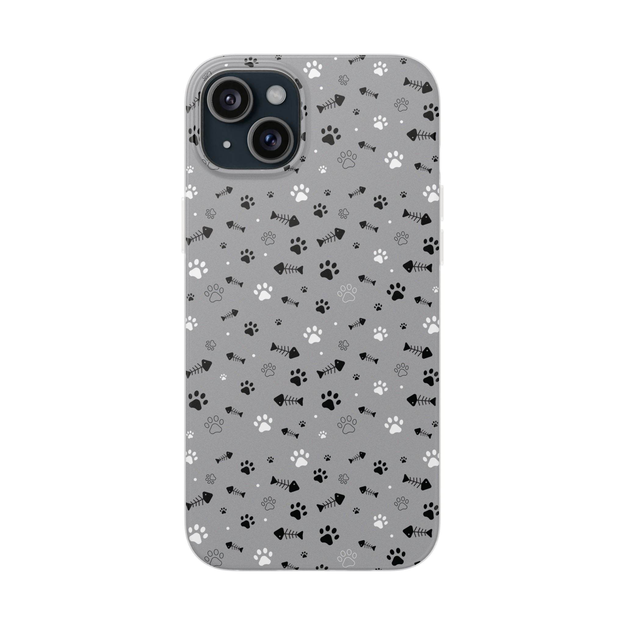 Printify paw print flexible phone case with black and white paw and fishbone design on gray background