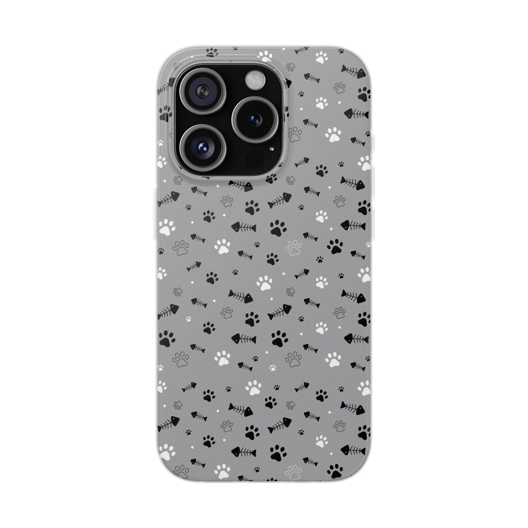 Printify paw print flexible phone case with black white paw patterns on gray background for iPhone