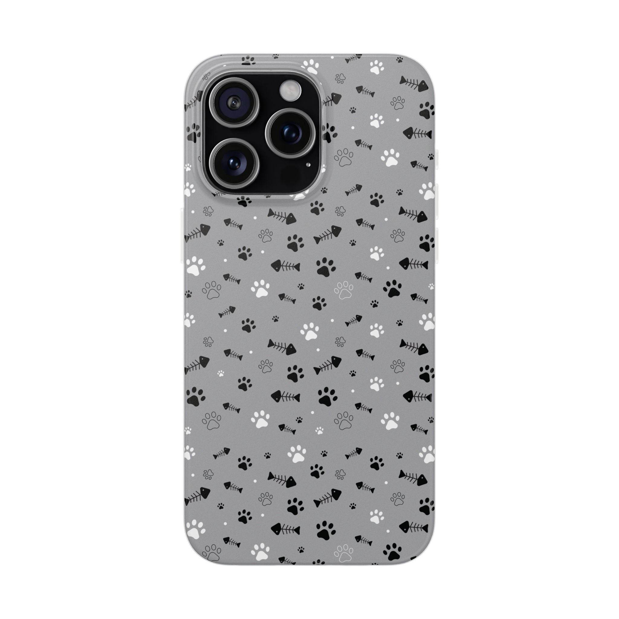 Printify paw print flexible phone case with black and white paw and fishbone pattern on gray background