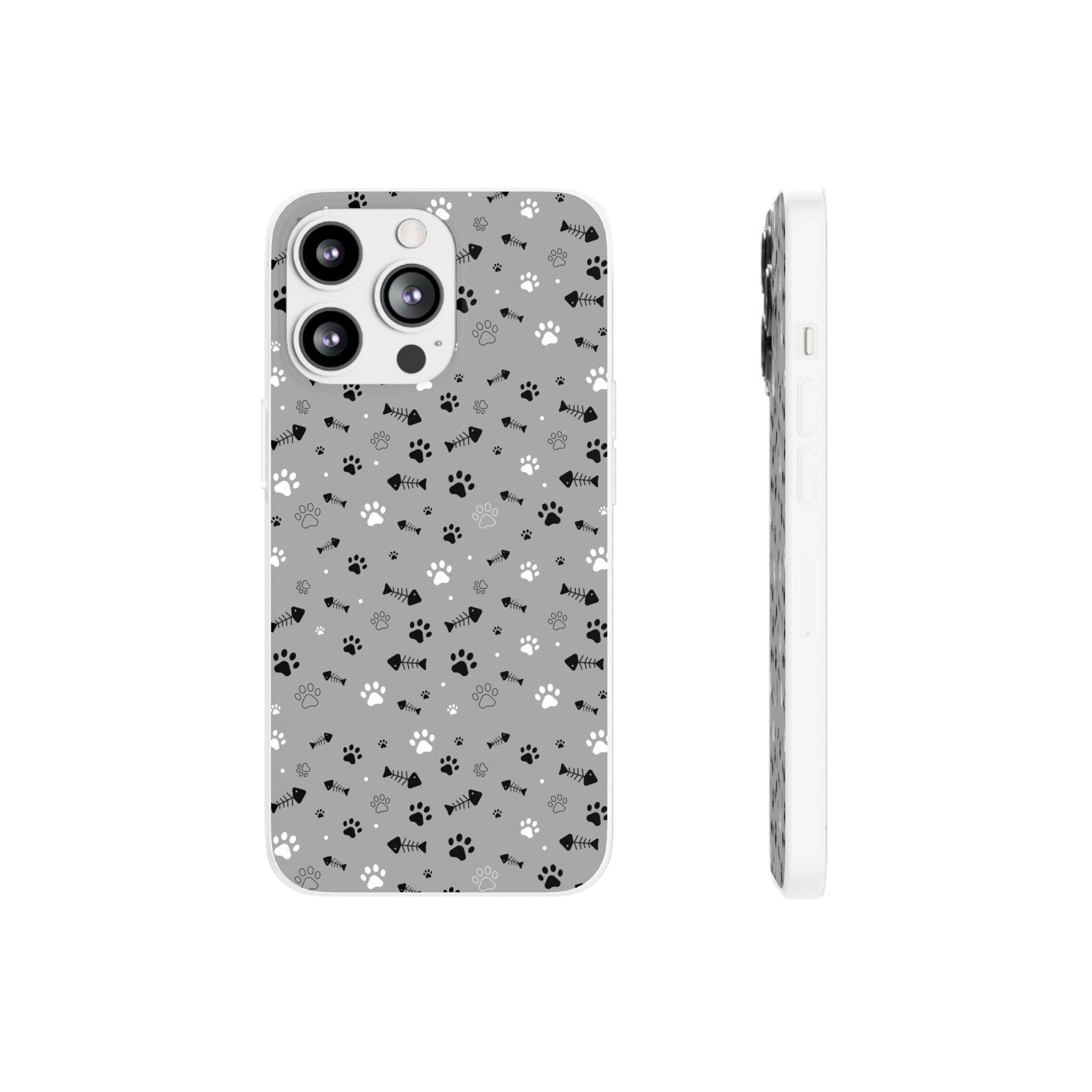 Printify paw print flexible phone case with black and white paw and bone pattern on gray background
