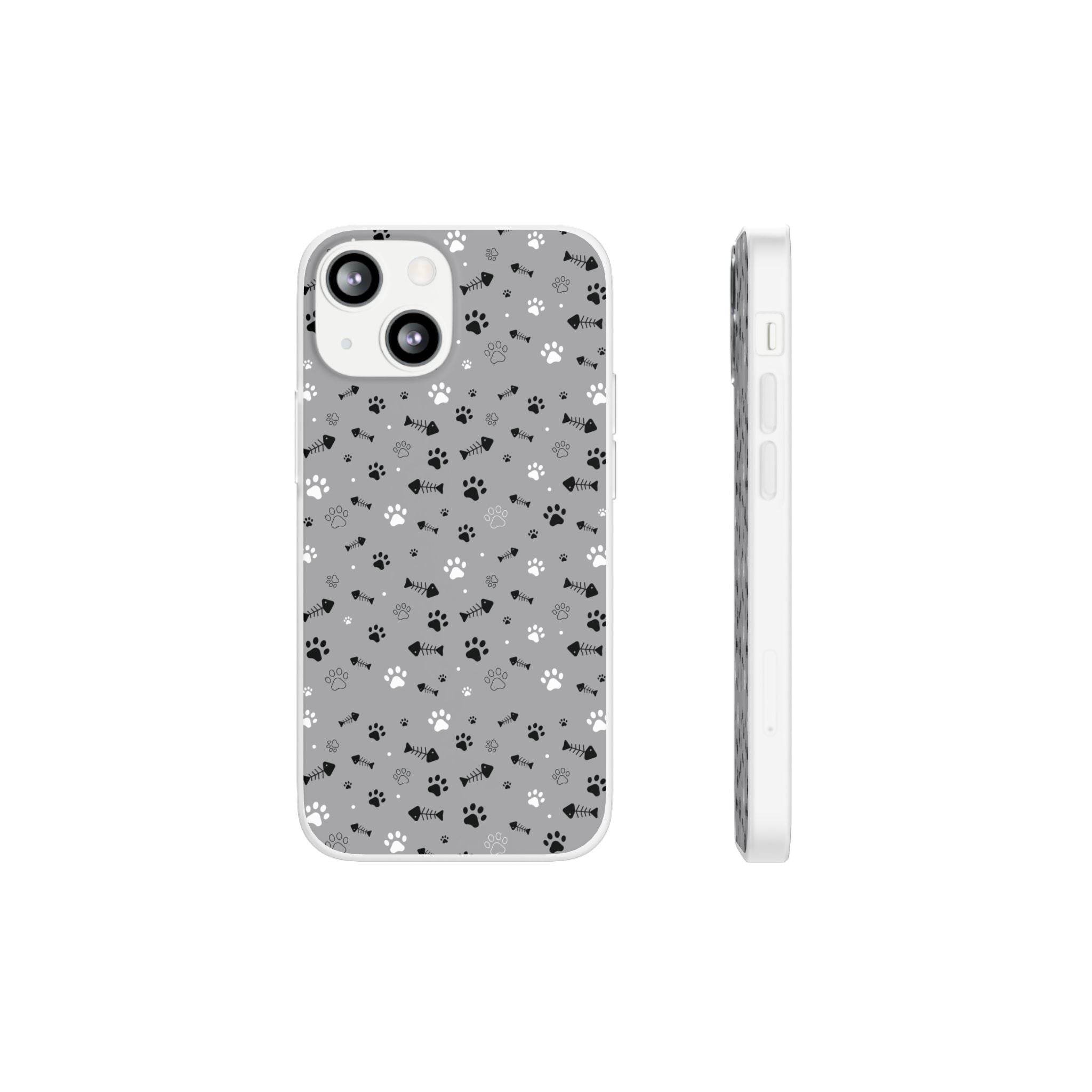Printify paw print flexible phone case with black white and gray paw designs on a gray background
