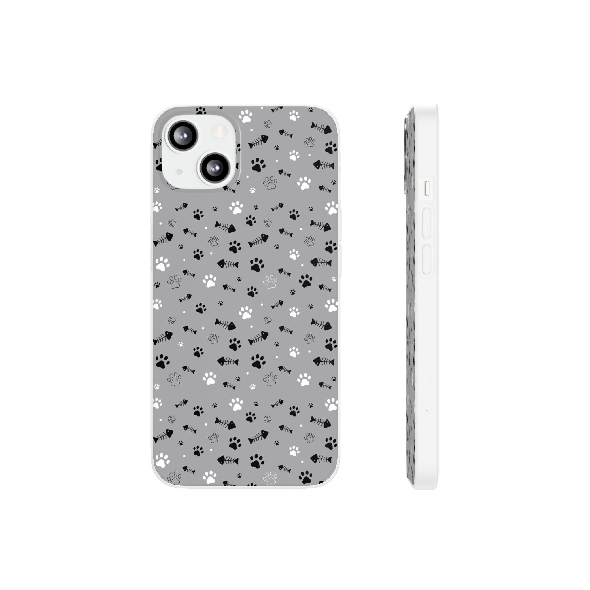 Printify paw print flexible phone case with black and white paw patterns on gray background