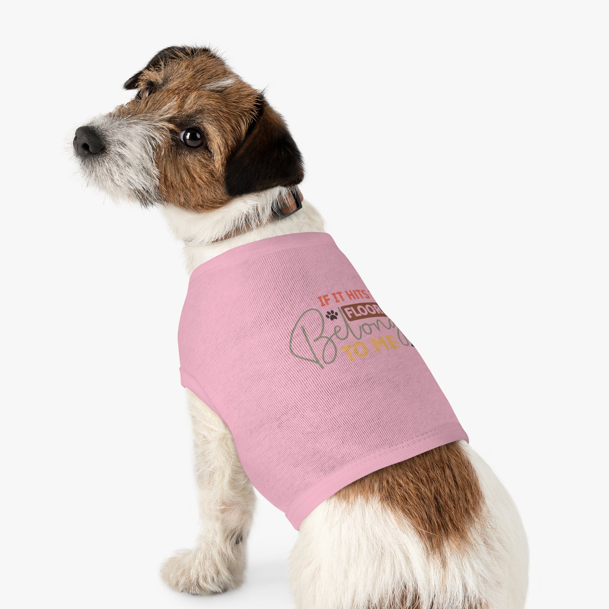 Small brown and white terrier wearing a pink eco-friendly pet tank top with playful printed design by Printify