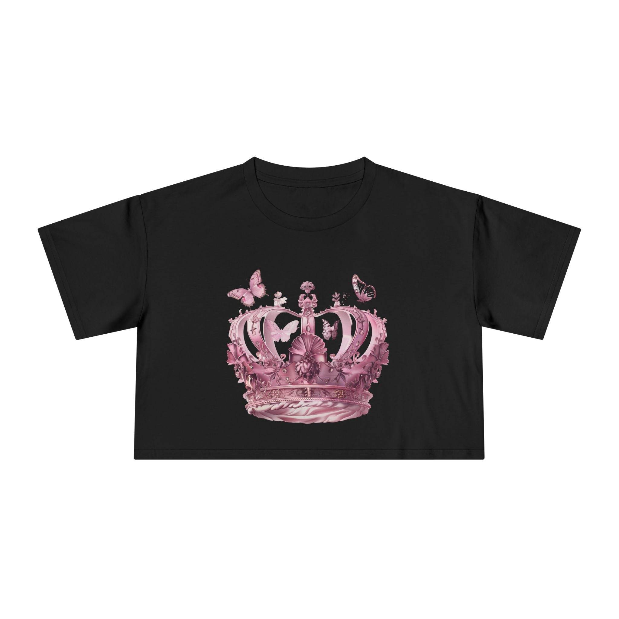 Black Petal & Crown eco crop shirt with pink floral crown and butterfly graphic design