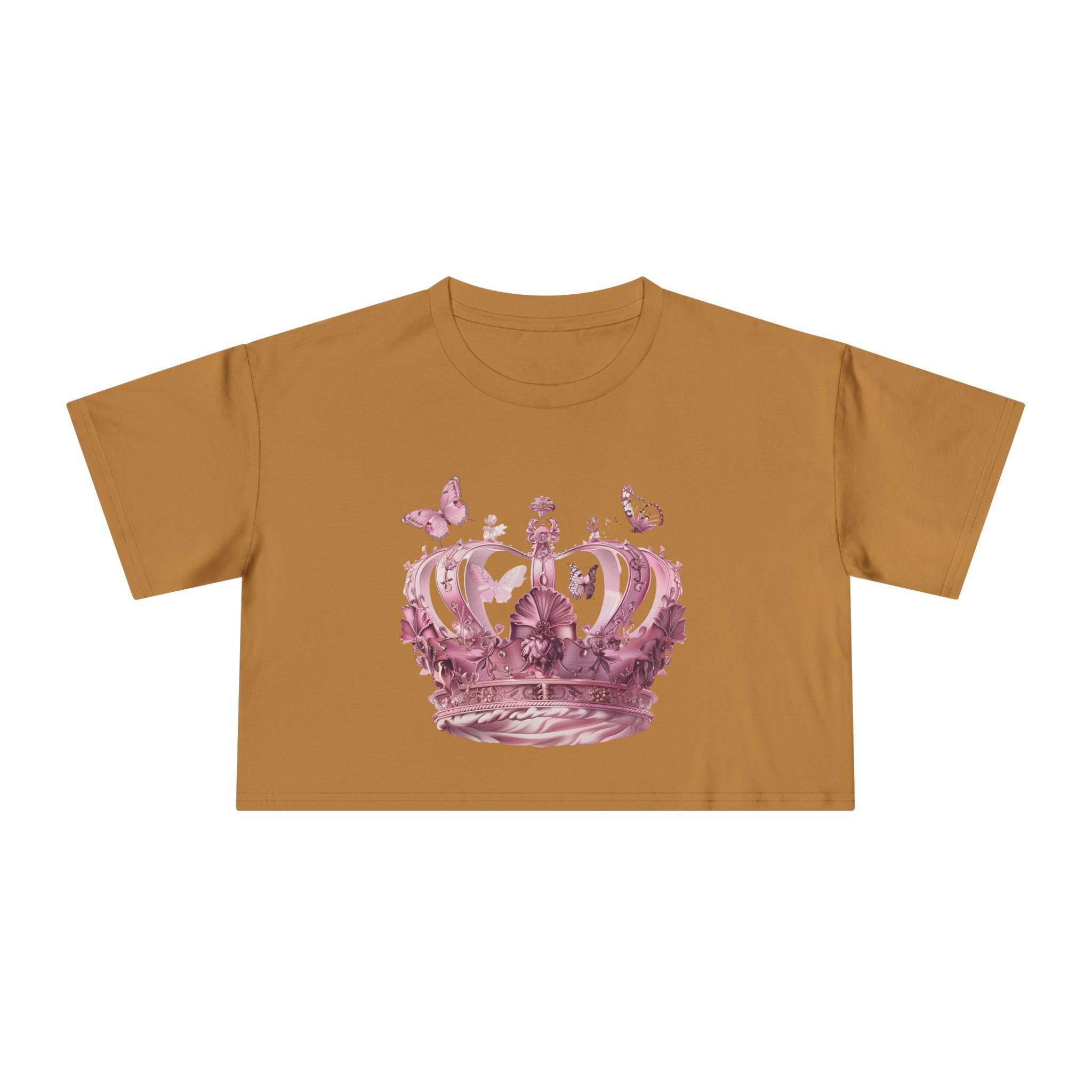 Petal & Crown eco crop shirt in brown with pink floral crown and butterfly graphic design