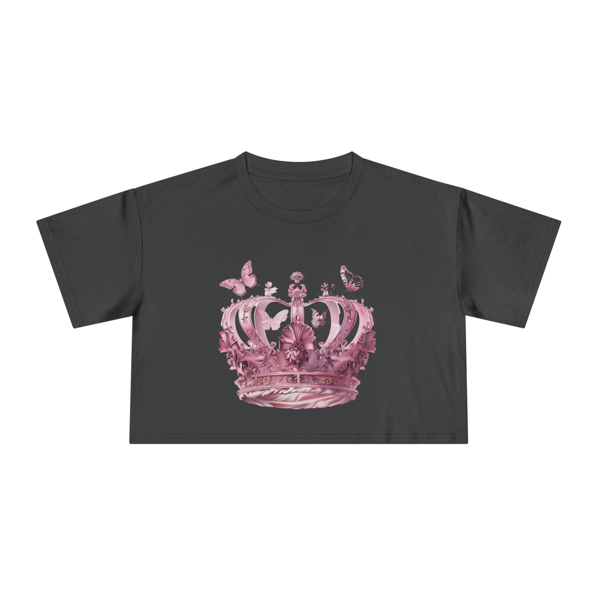 Printify Petal & Crown eco crop shirt in black with a pink floral crown and butterfly design