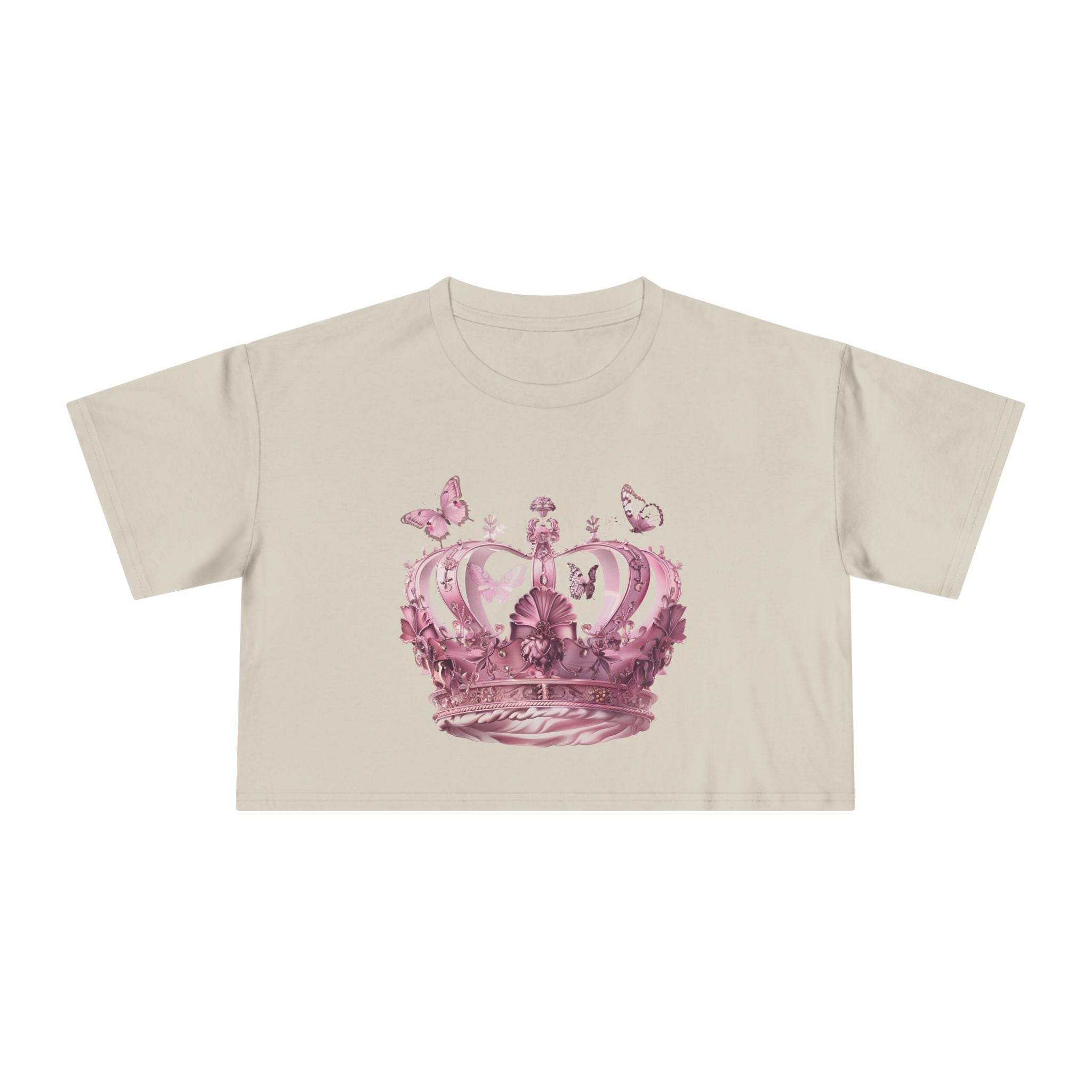 Printify Petal & Crown eco crop shirt in beige with pink crown and butterfly design