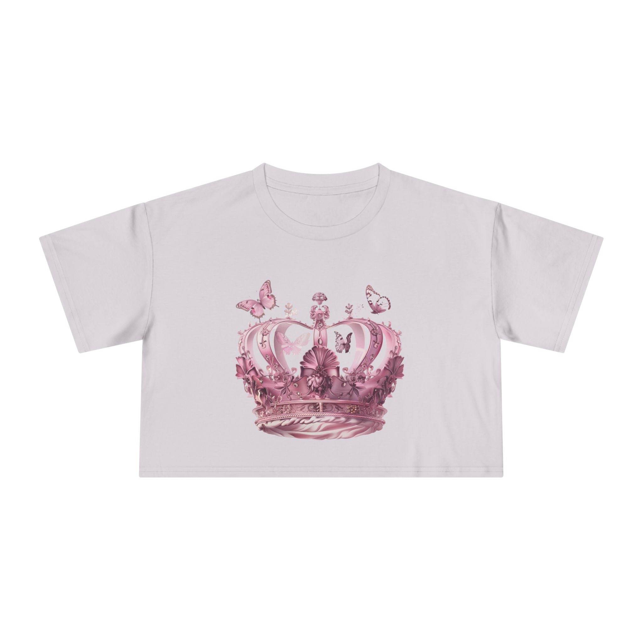 Printify Petal & Crown eco crop shirt with pink crown and butterfly graphic on white fabric