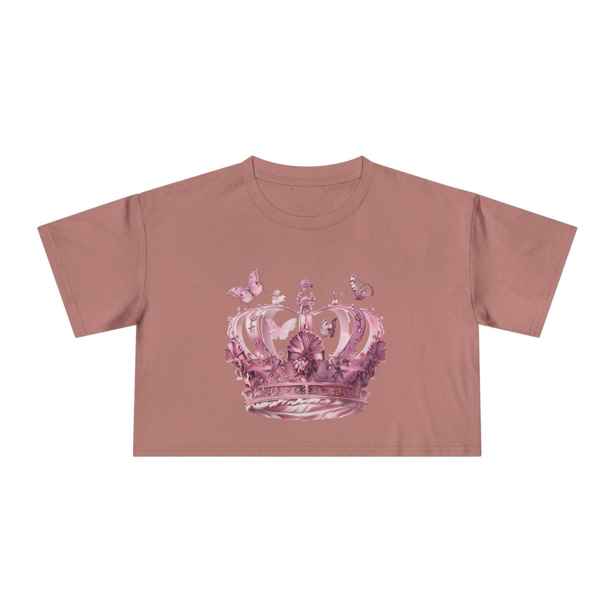 Pink Petal & Crown eco crop shirt with floral crown and butterfly design by Printify