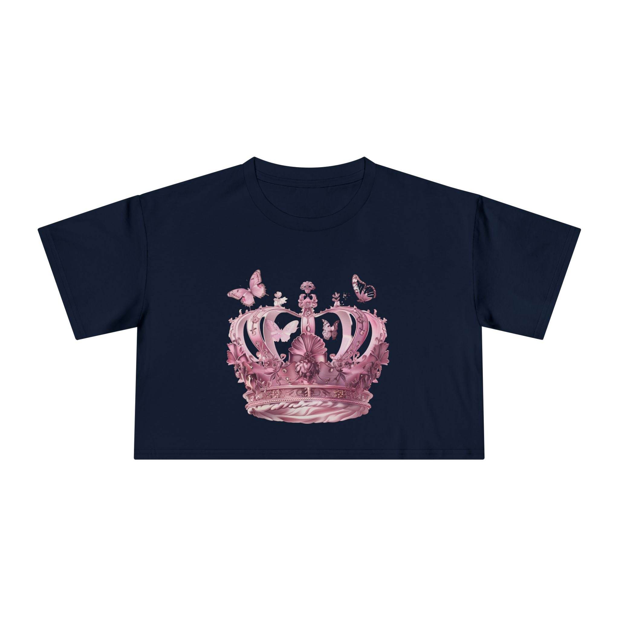 Navy Petal & Crown eco crop shirt with pink floral crown and butterfly design by Printify