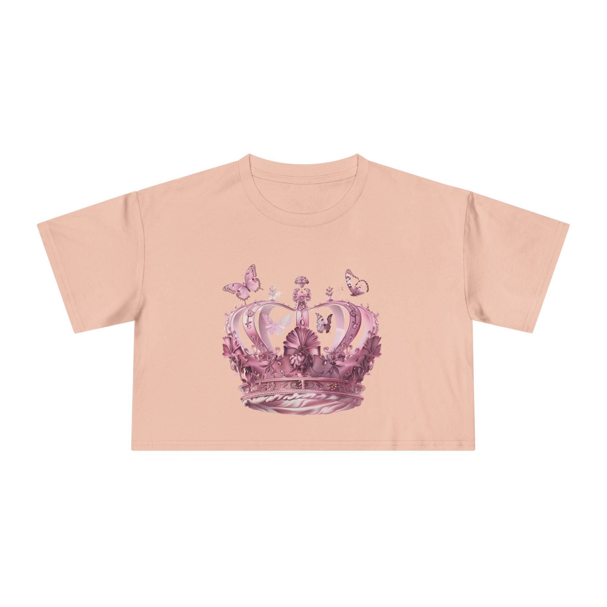 Printify Petal & Crown eco crop shirt in light pink with floral crown and butterfly design