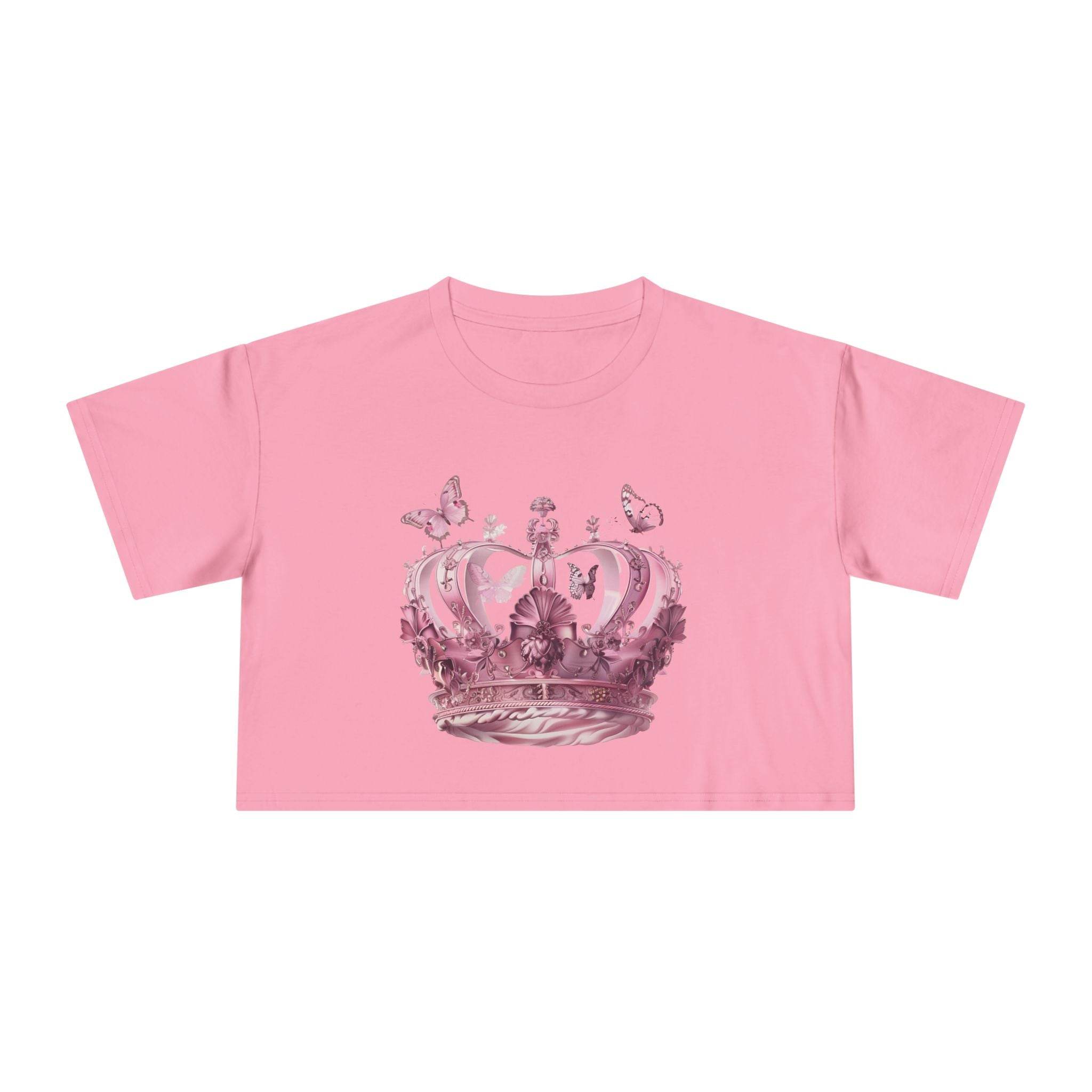 Pink Petal & Crown eco crop shirt with a detailed crown and butterfly graphic print