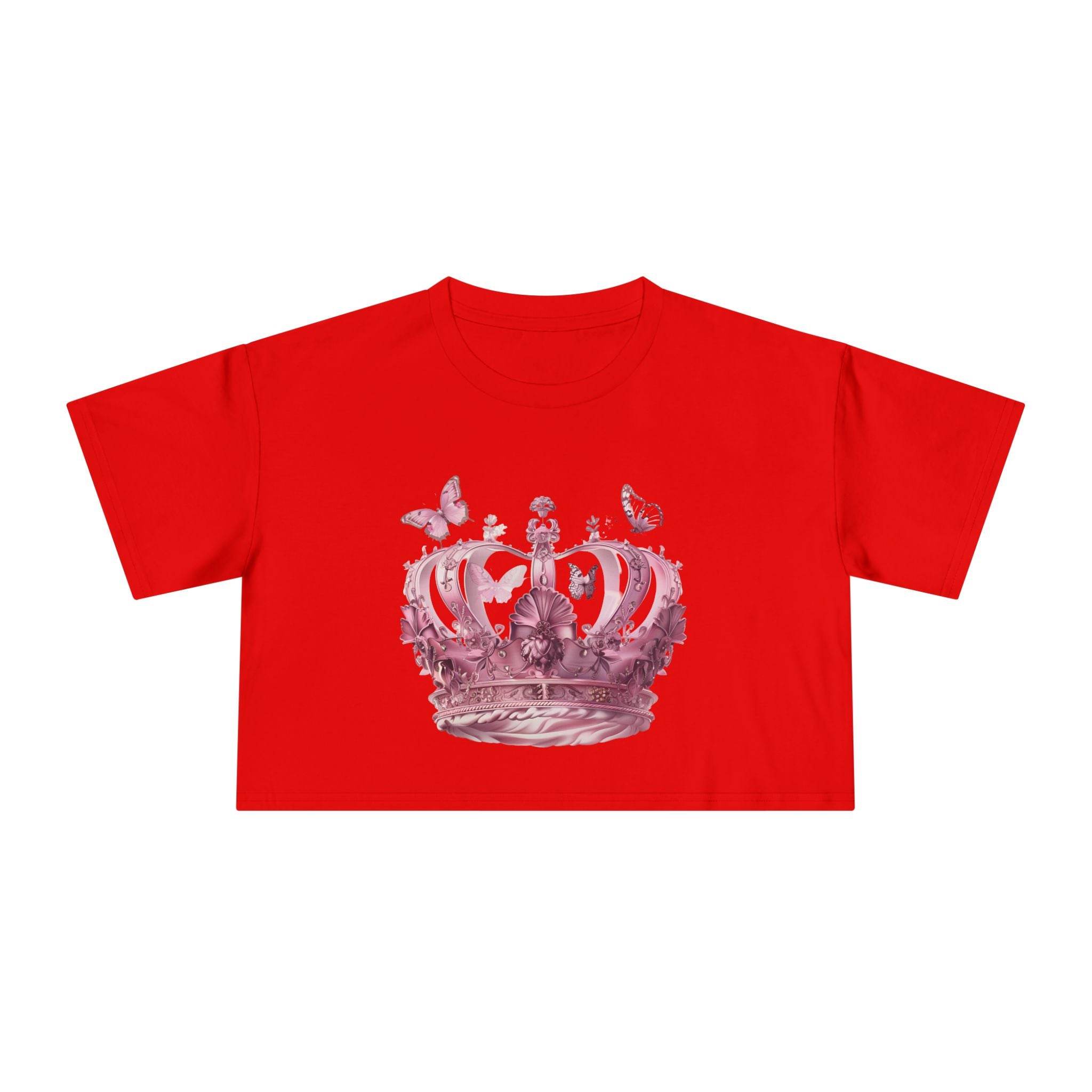 Red Petal & Crown eco crop shirt with pink crown and butterfly graphic design