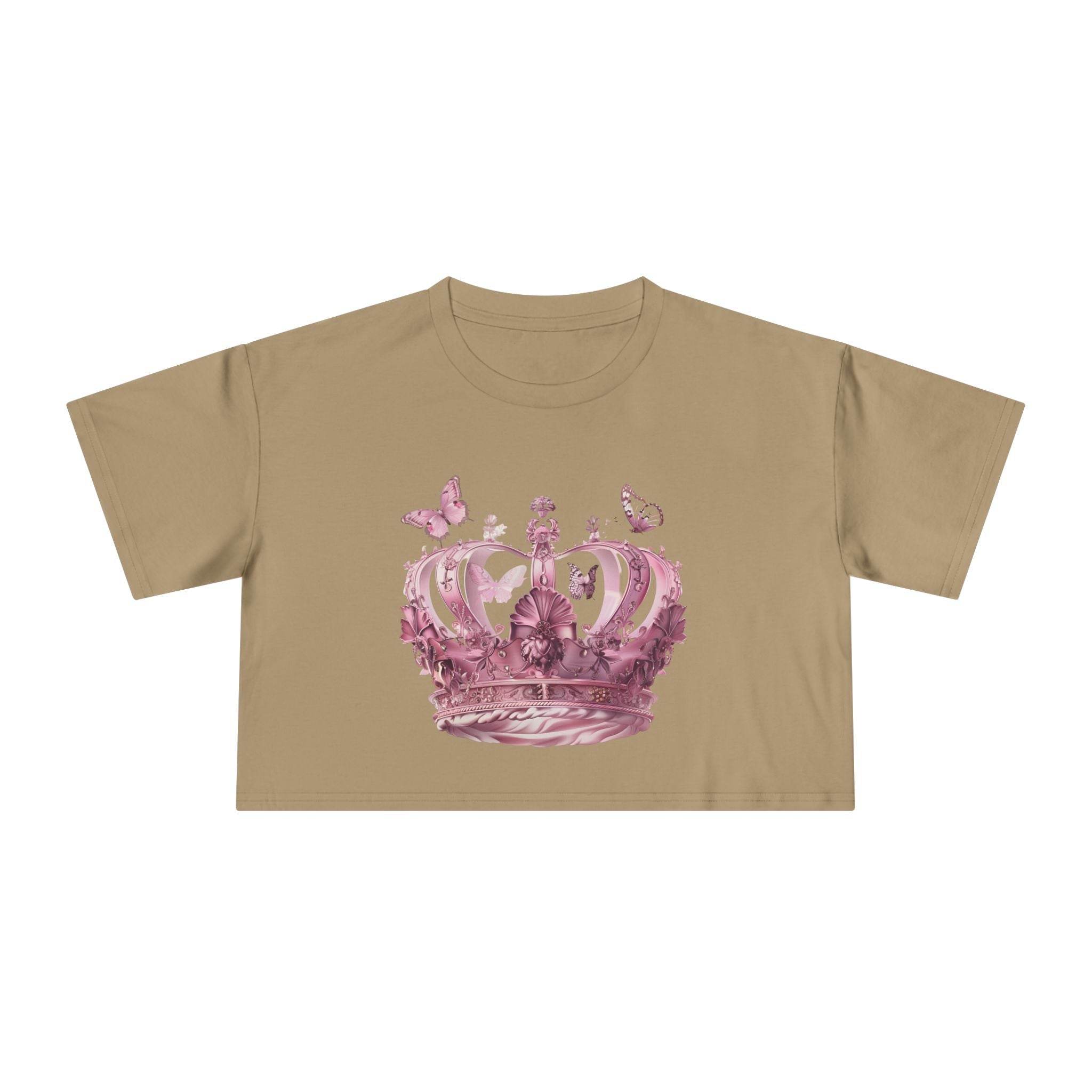 Printify Petal & Crown eco crop shirt beige with pink floral crown and butterfly design