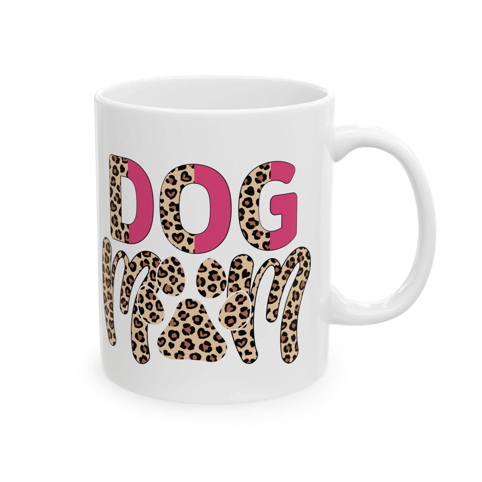 eco friendly ceramic dog mom mug white ceramic mug with leopard print DOG letters and paw design pink accents