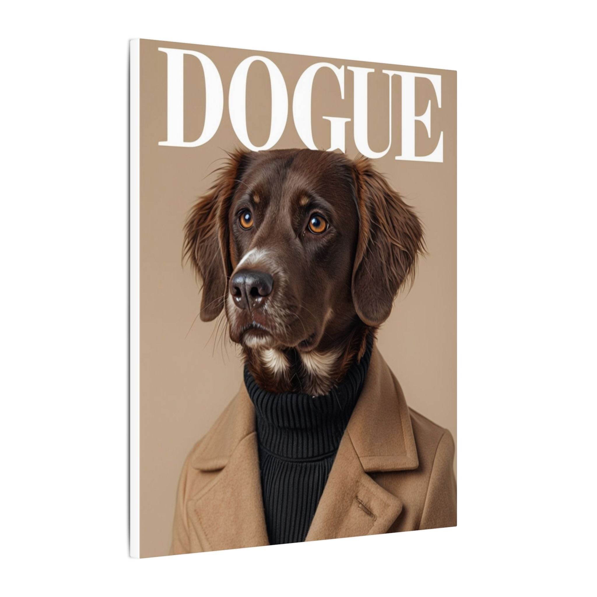 Printify canvas showing eco-friendly dog art print of brown dog in turtleneck and camel coat on beige DOGUE cover