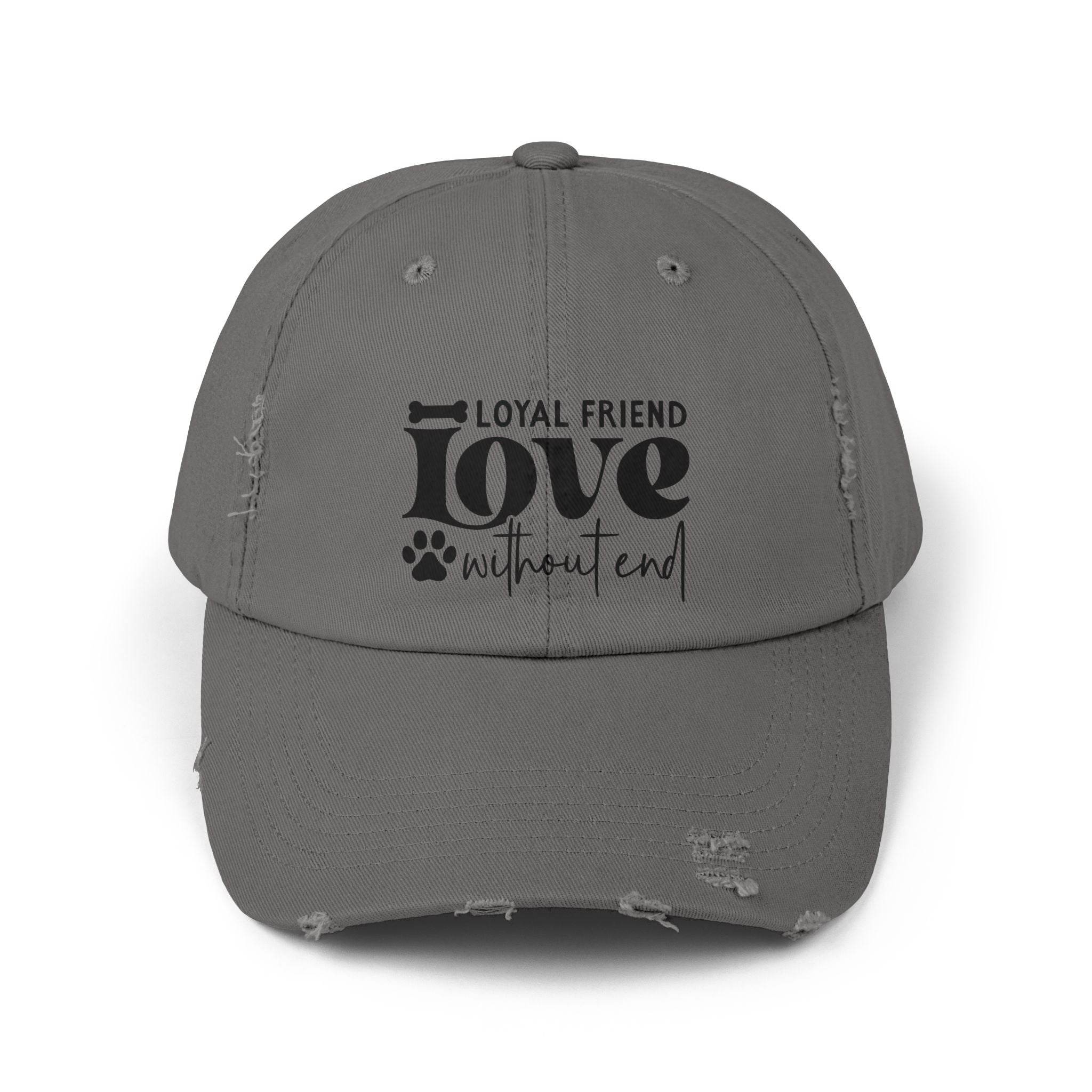 Printify gray distressed baseball hat with paw print Loyal Friend love without end design eco-friendly pet lover hat