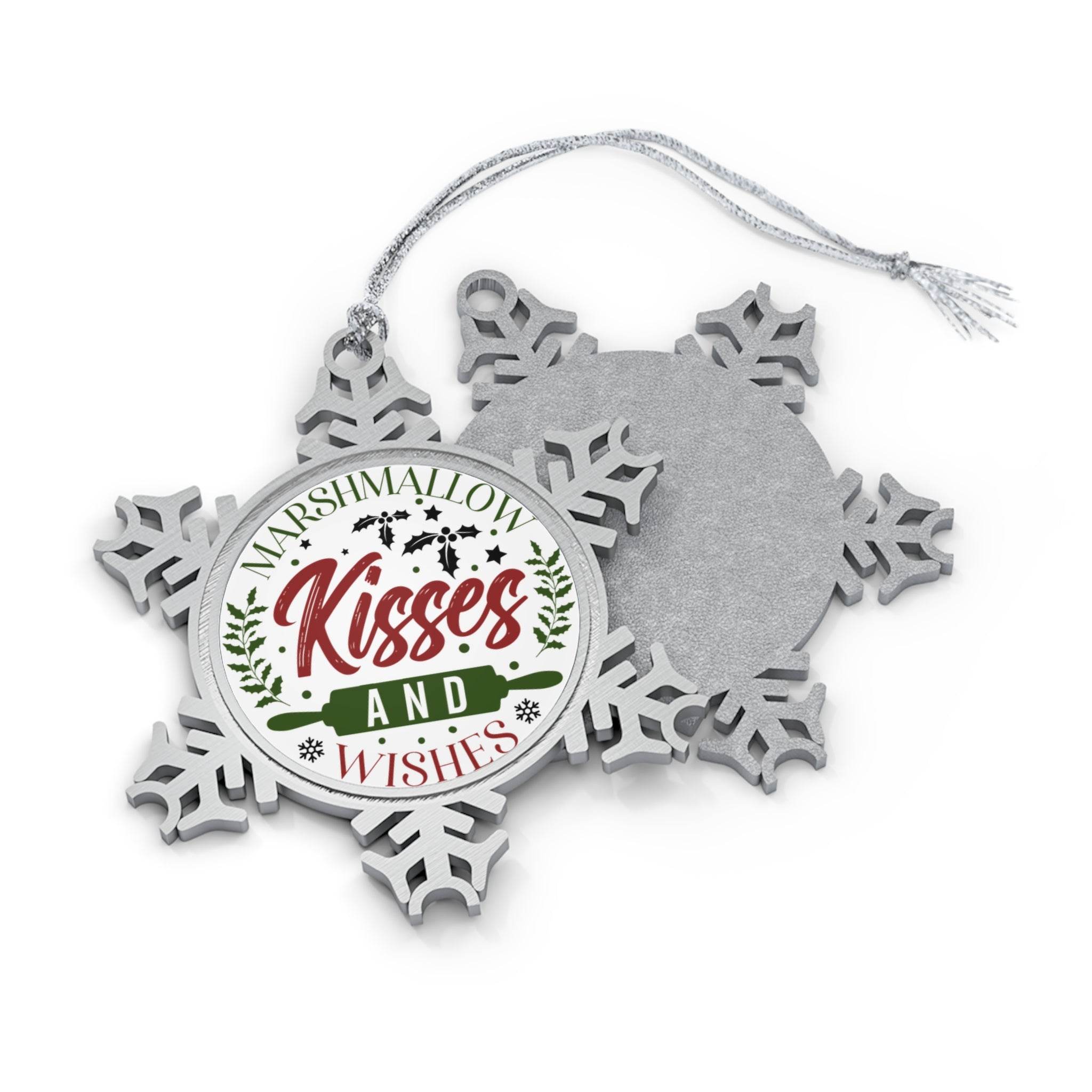 Printify pewter holiday decoration snowflake ornament with Marshmallow Kisses and Wishes design