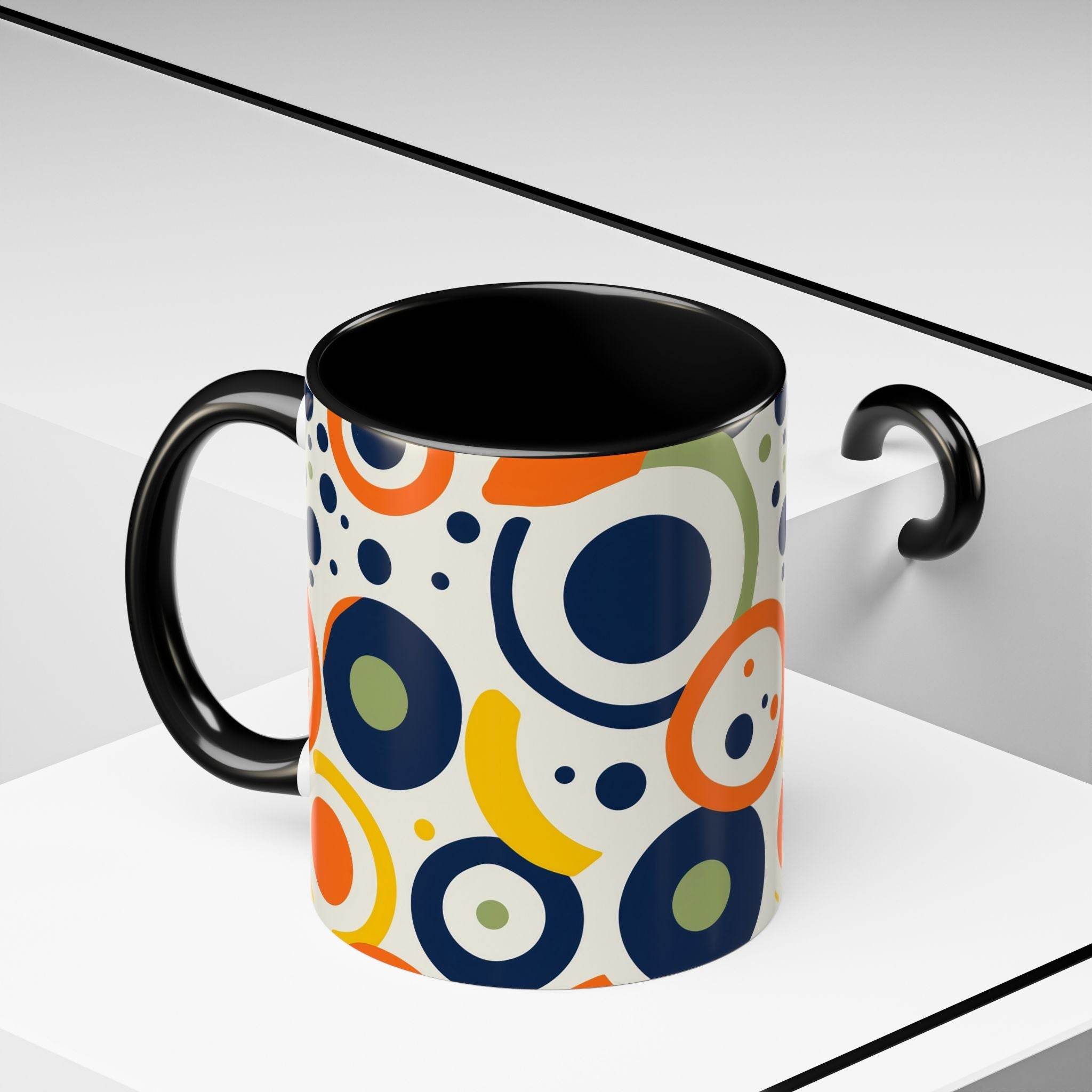Printify pop art coffee mug with colorful abstract circles and black handle and interior