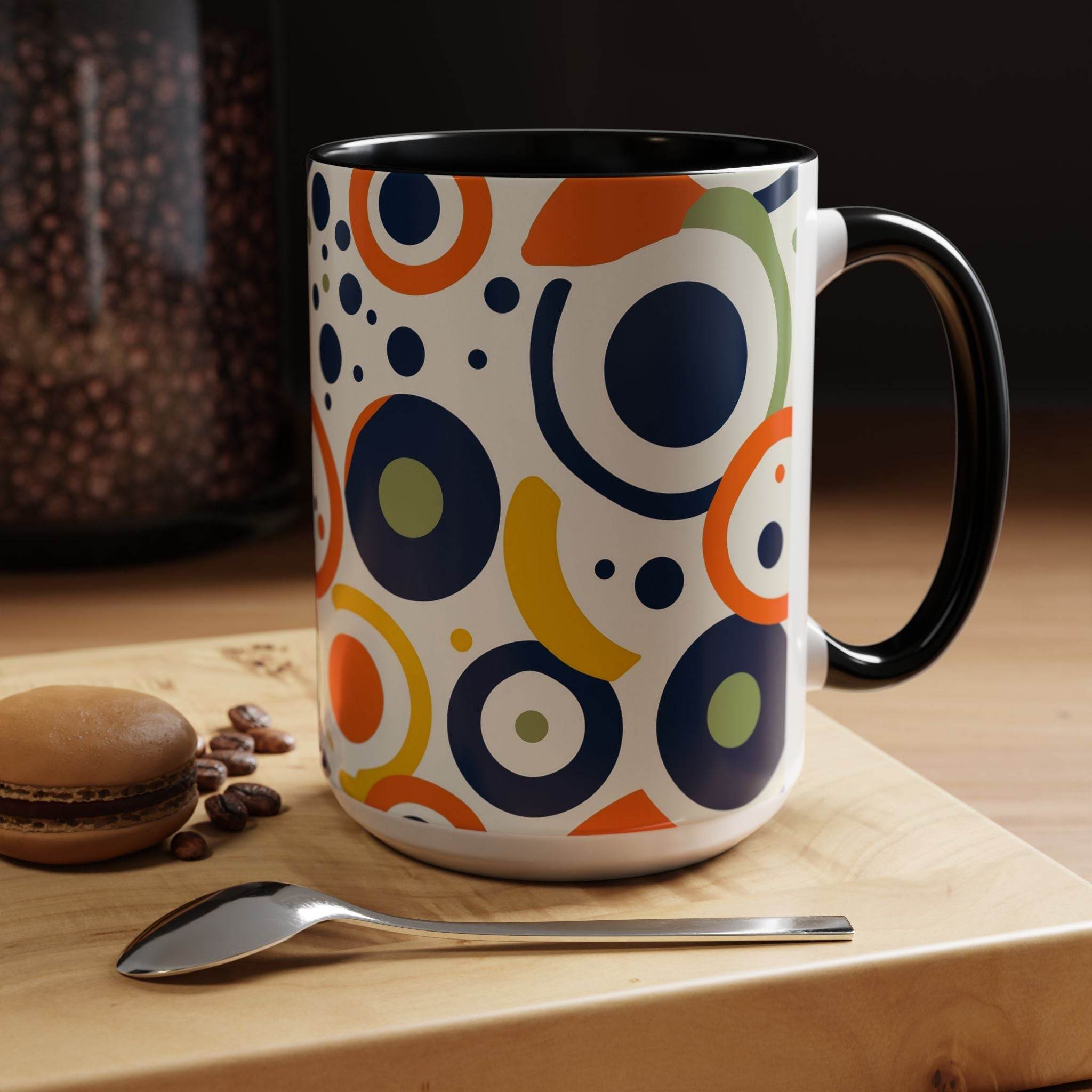 Printify pop art coffee mug with colorful circular patterns and black handle on wooden surface