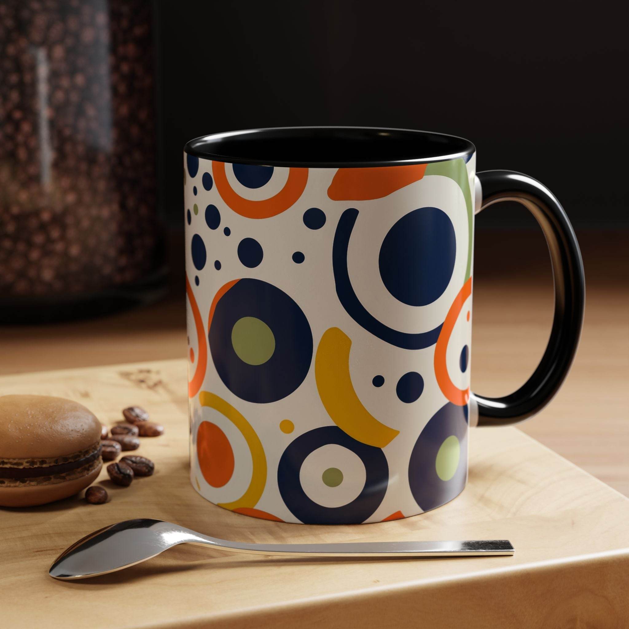 Printify pop art coffee mug with colorful abstract circles on white background and black handle