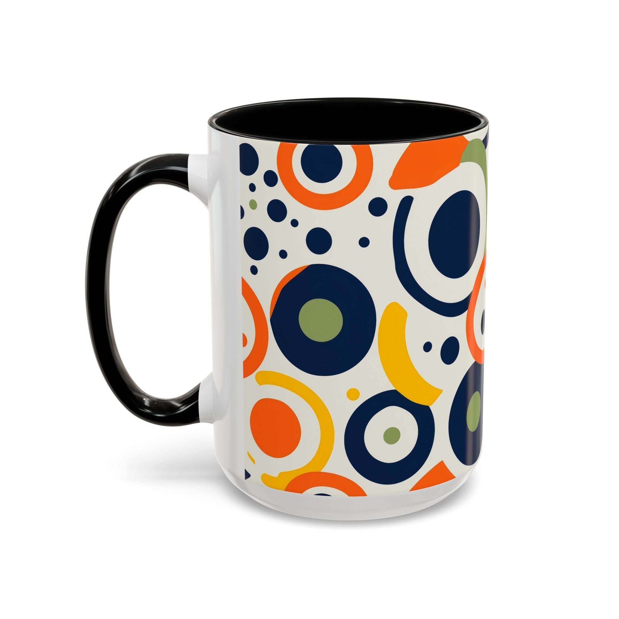 Printify pop art coffee mug with colorful abstract circular patterns and black handle