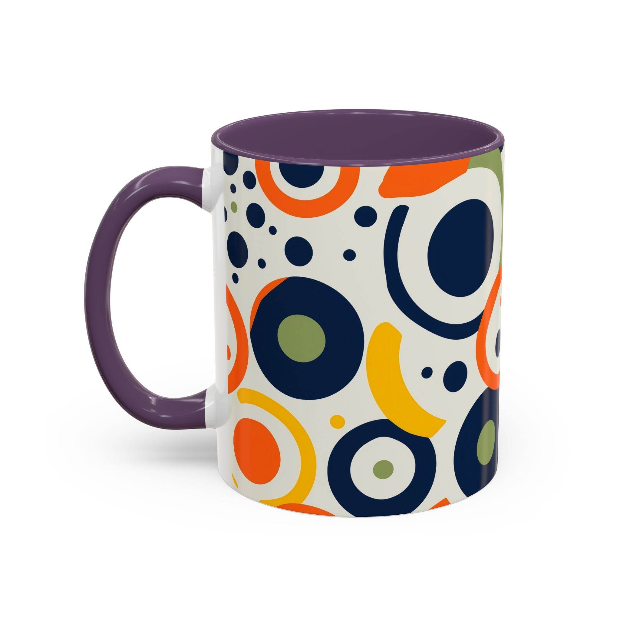 Printify pop art coffee mug with colorful abstract circle pattern and purple handle and interior