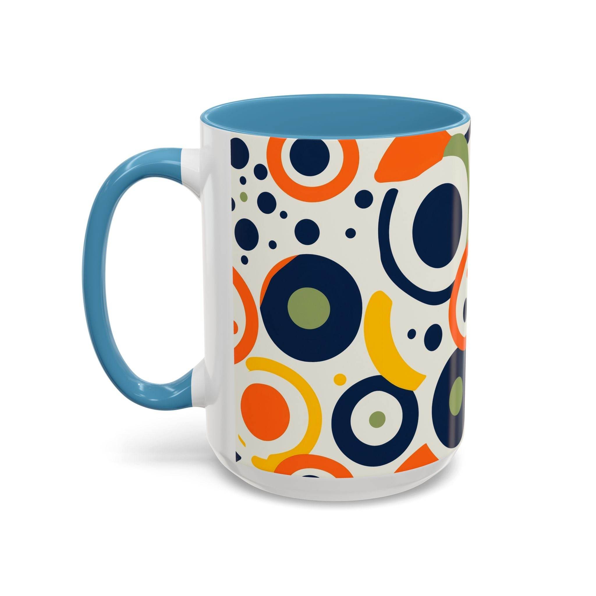Printify pop art coffee mug with blue handle and colorful circular abstract design