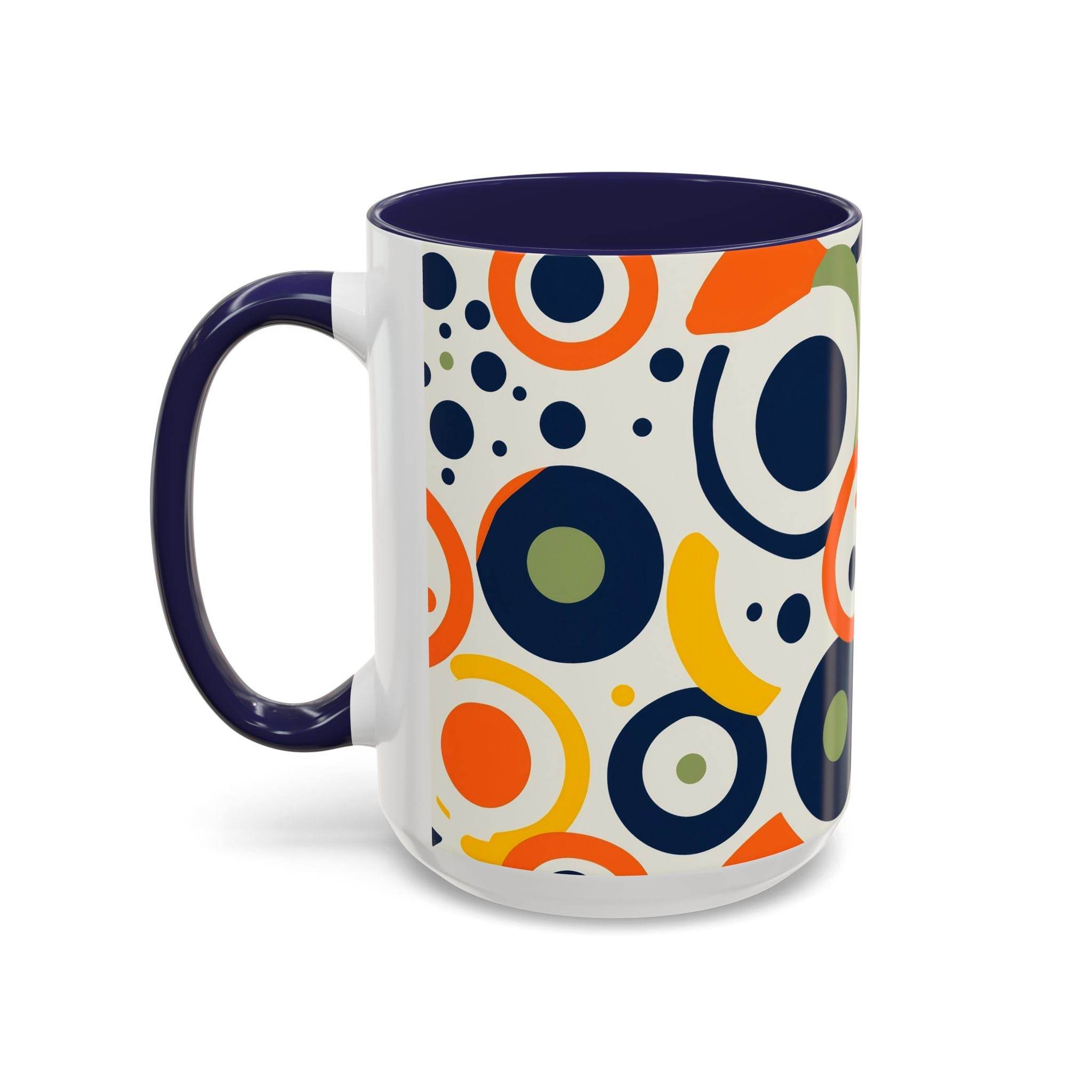 Printify pop art coffee mug with colorful abstract circular patterns and dark blue handle