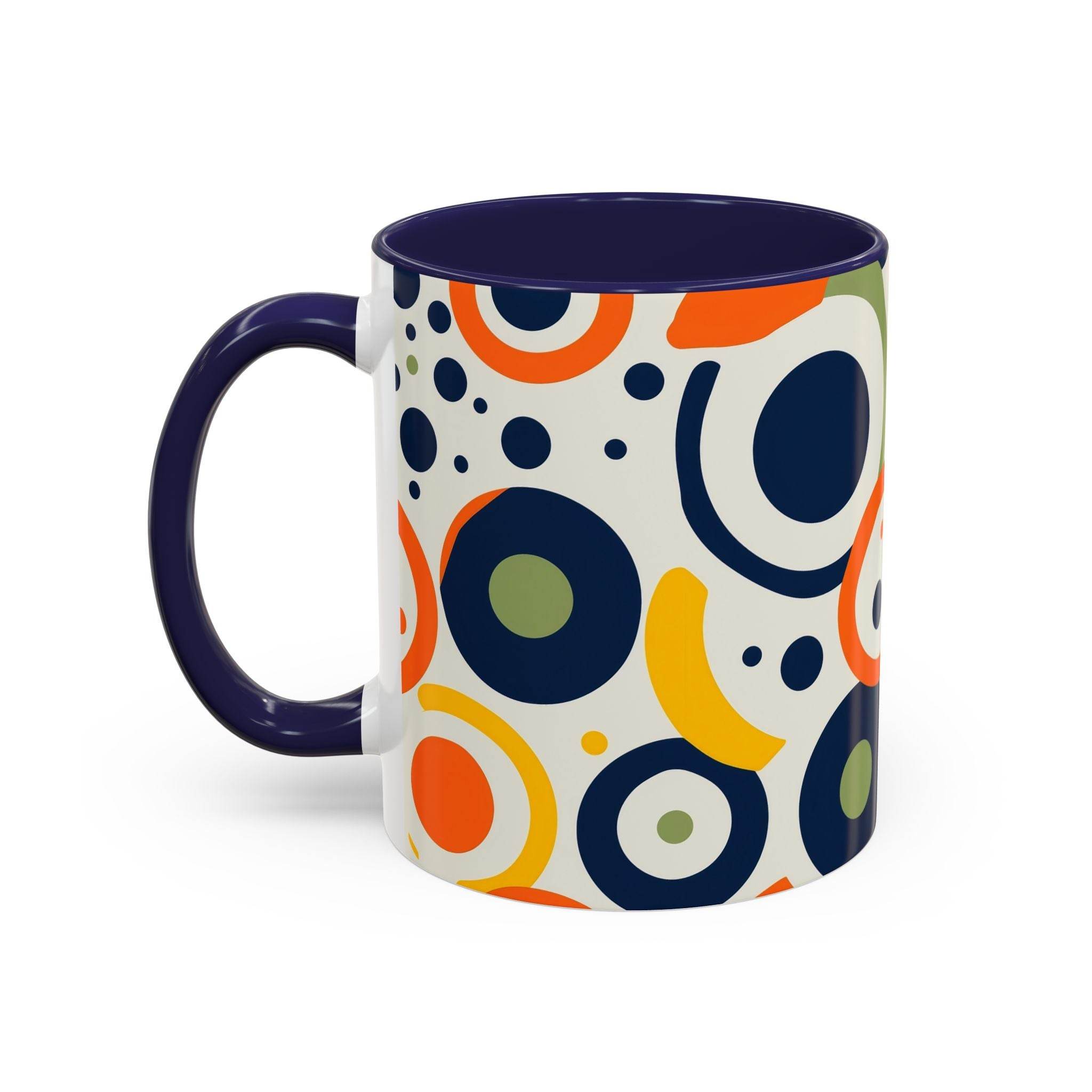 Printify pop art coffee mug with colorful circular patterns and a dark blue handle and interior