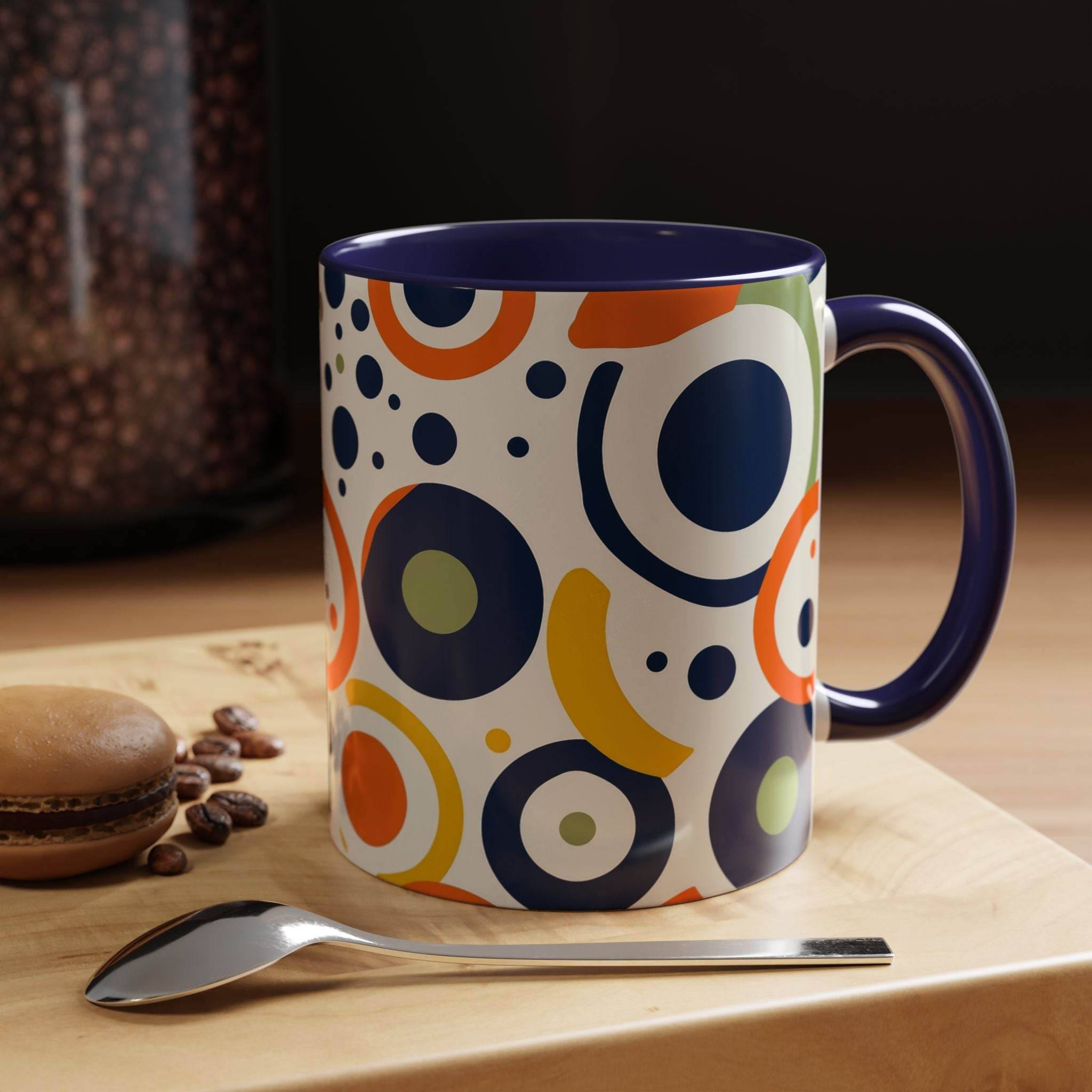 Printify pop art coffee mug with colorful circular patterns on white background and dark blue handle