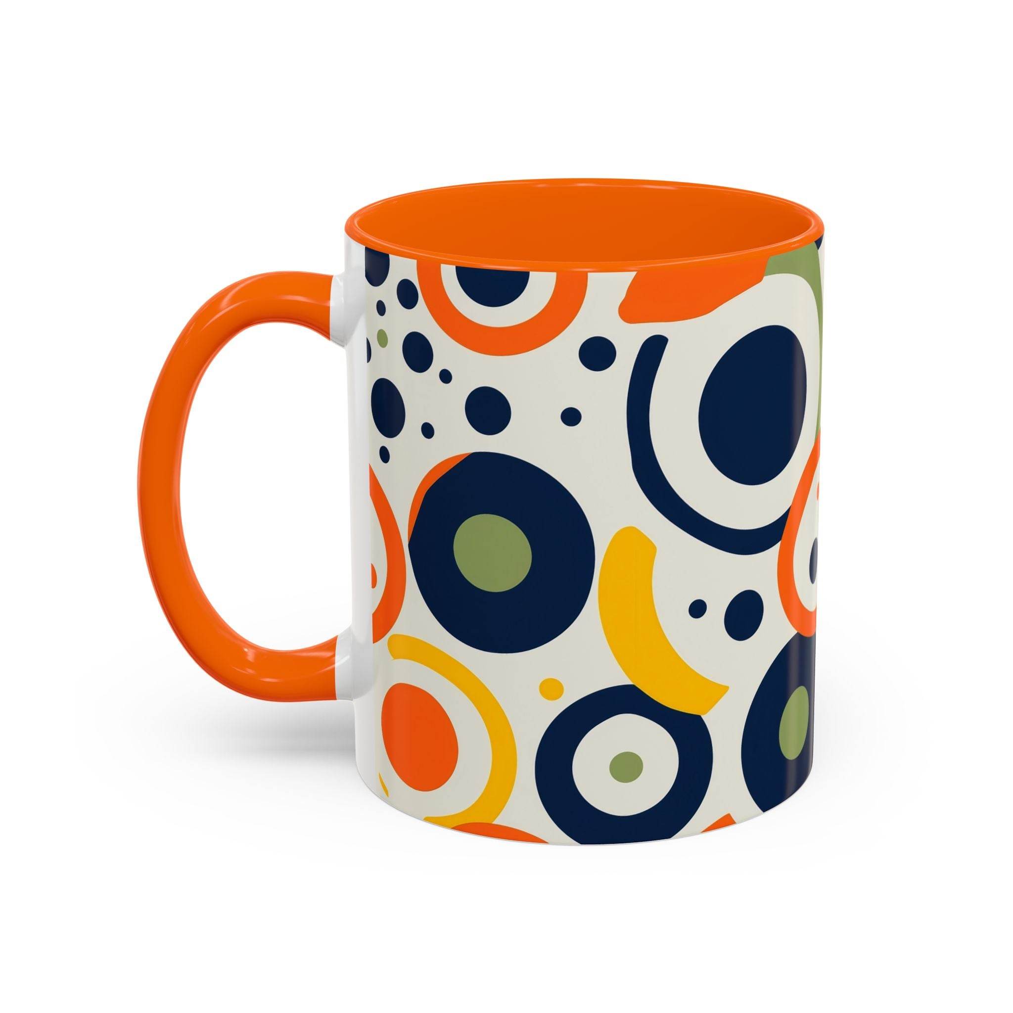 Printify pop art coffee mug with colorful circular patterns and orange handle