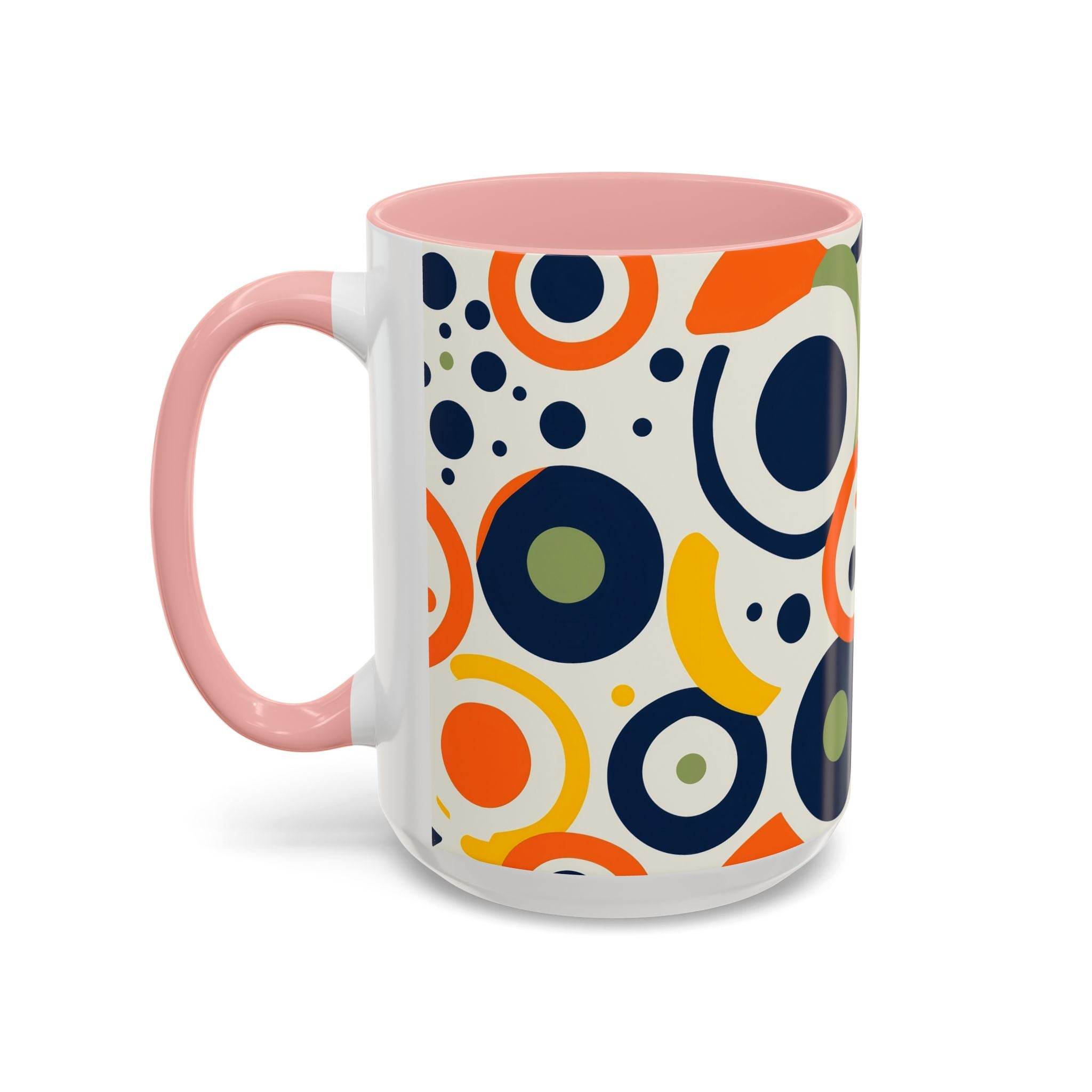 Printify pop art coffee mug with colorful abstract circles and pink handle and interior