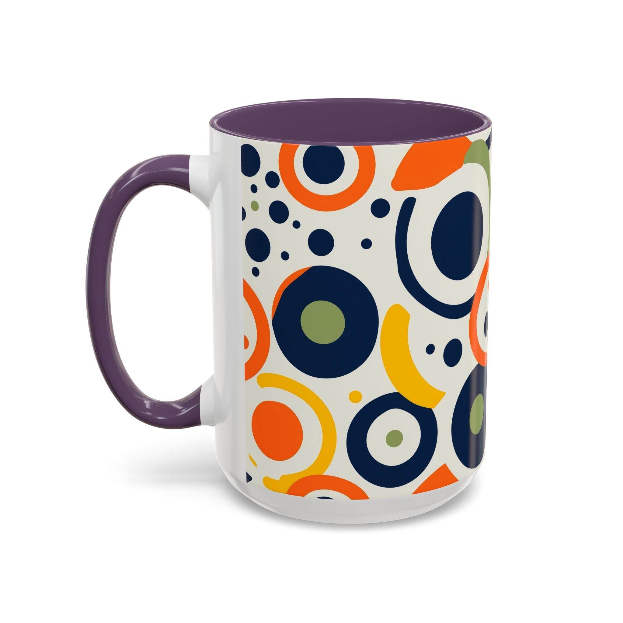 Printify pop art coffee mug with colorful abstract circle pattern and purple handle