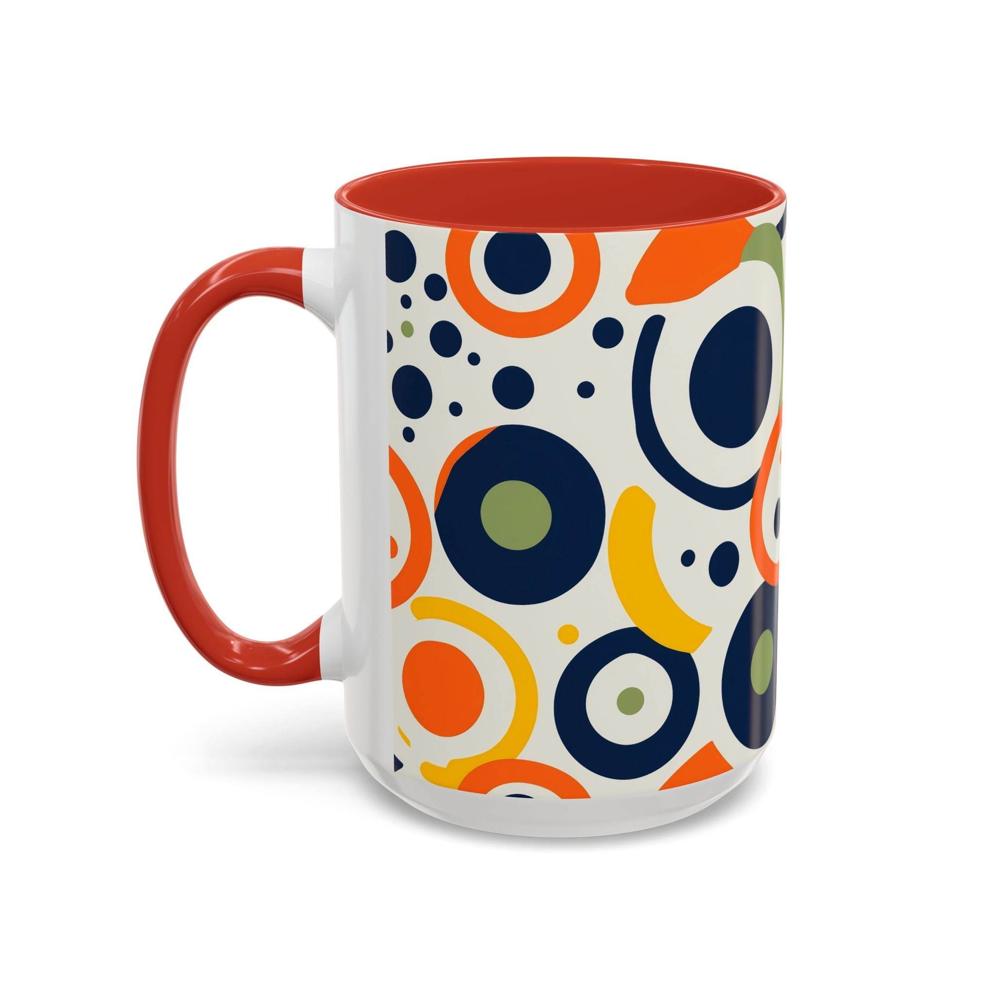 Printify pop art coffee mug with colorful circular pattern and red handle and interior