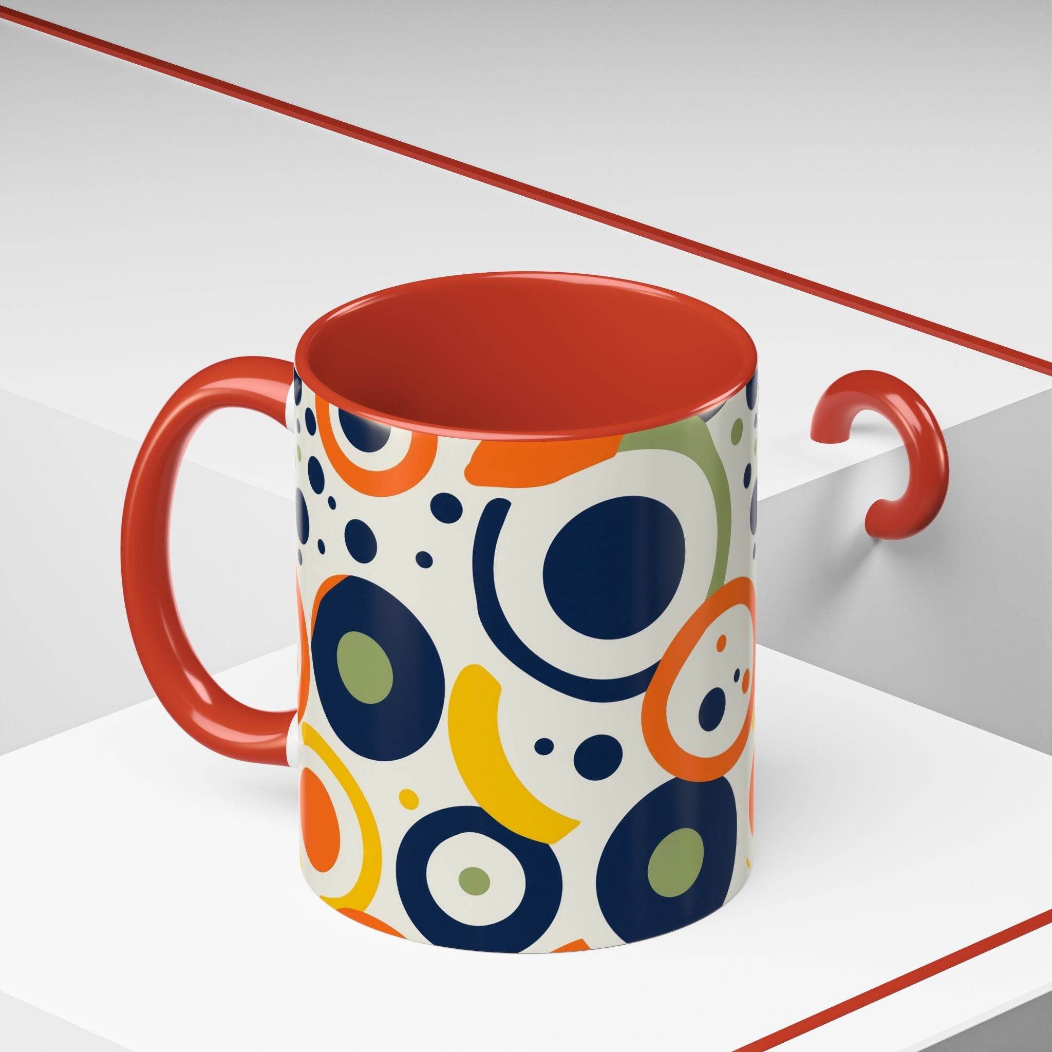 Printify pop art coffee mug with colorful abstract circular patterns and red handle