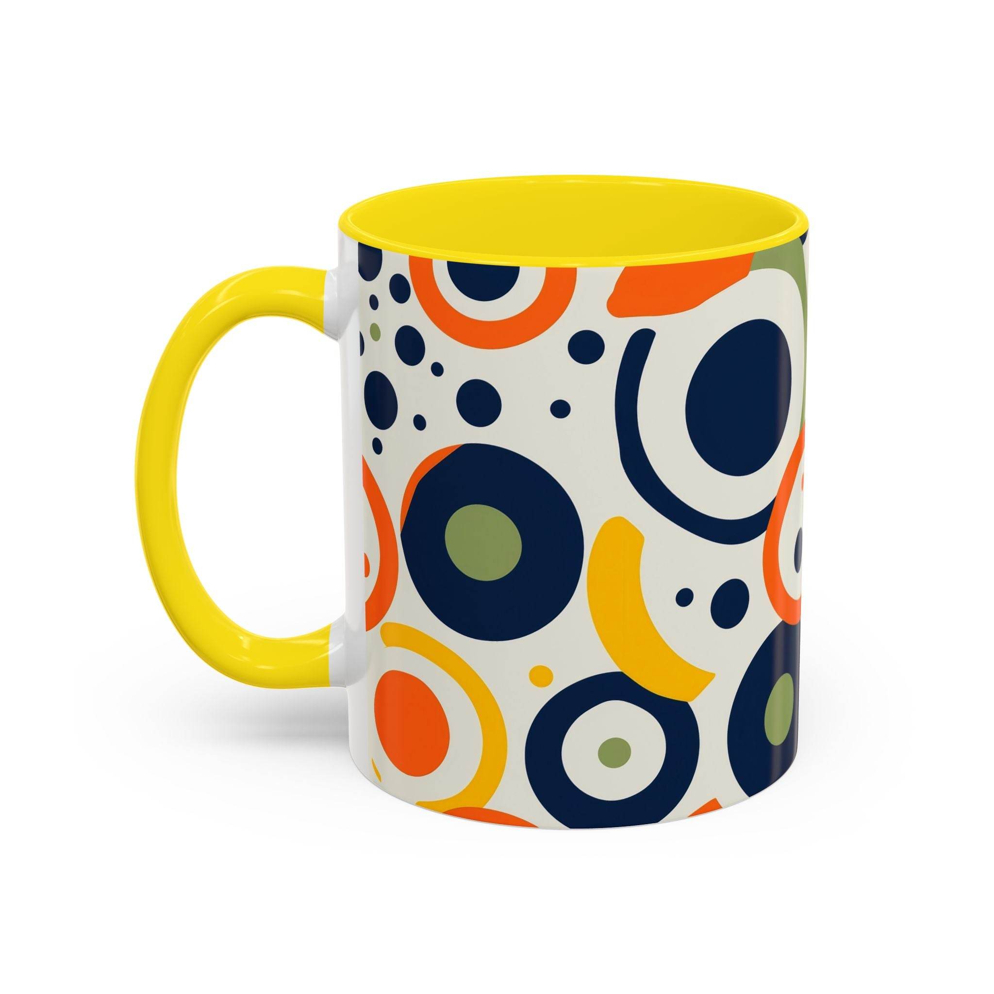 Printify pop art coffee mug with colorful circular patterns and yellow handle and interior