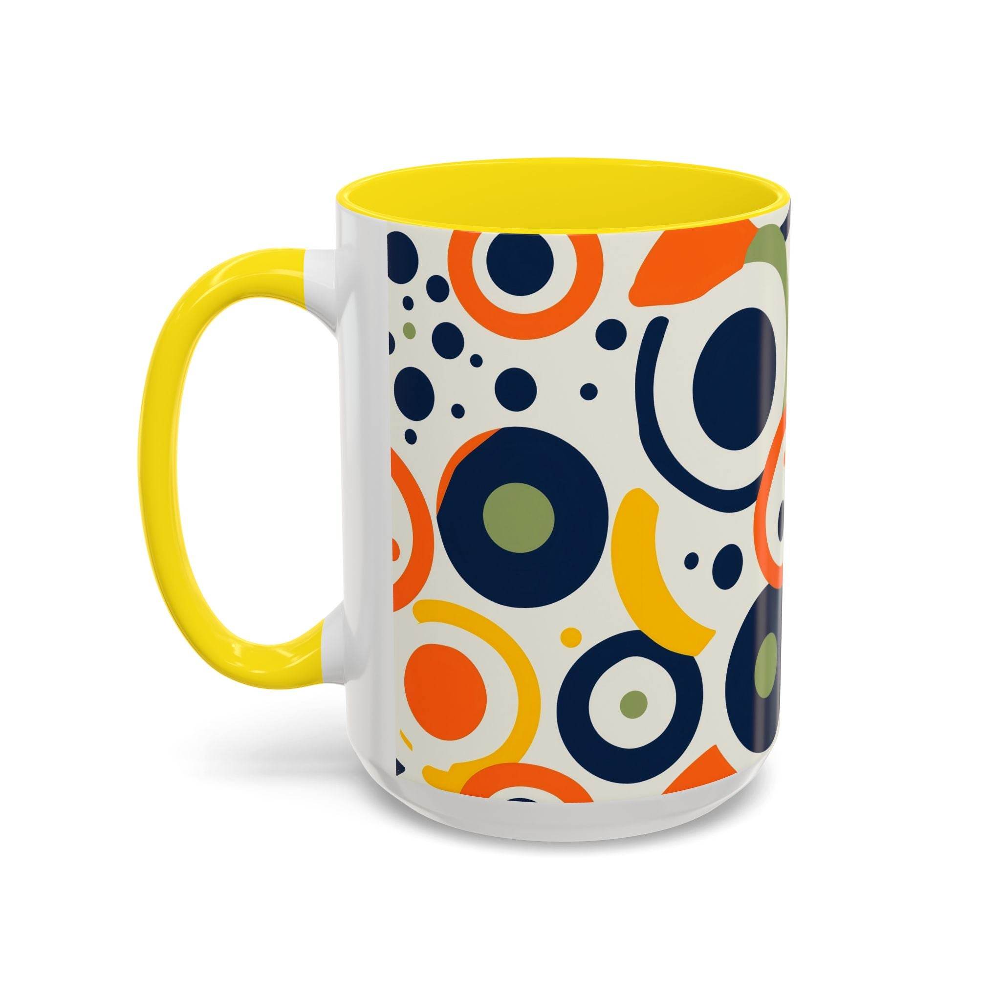 Printify pop art coffee mug with colorful abstract circles and yellow handle and interior