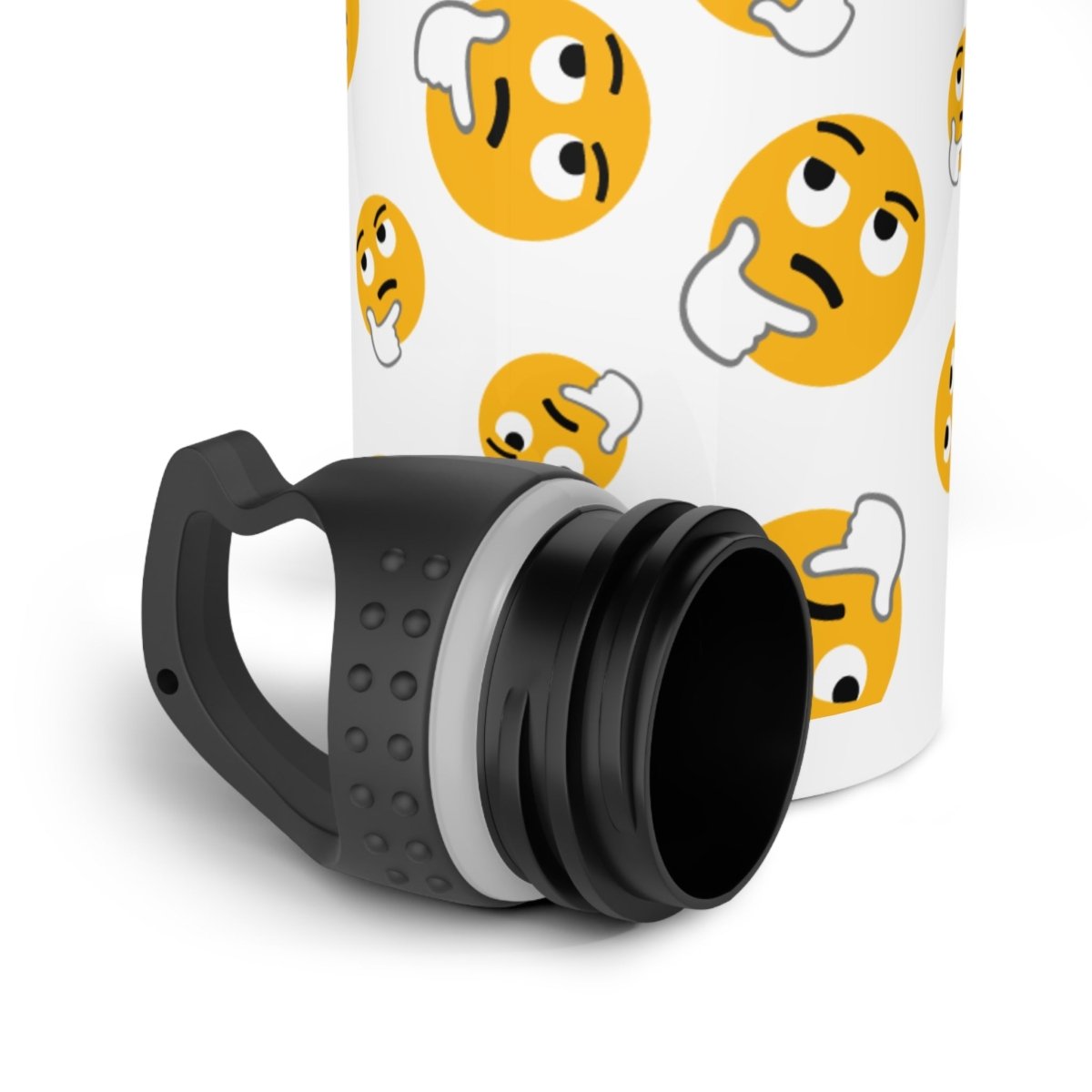 Confused emoji water bottle with a stylish black lid and a fun emoji design