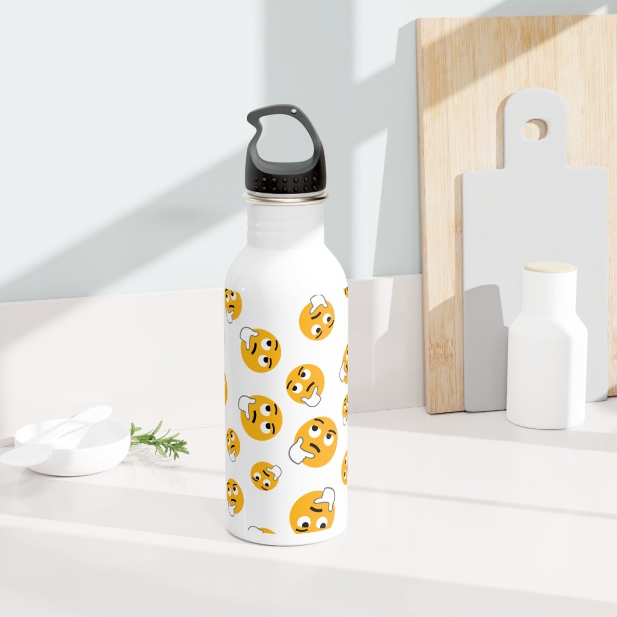 Confused emoji water bottle featuring playful emoji designs for hydration on the go