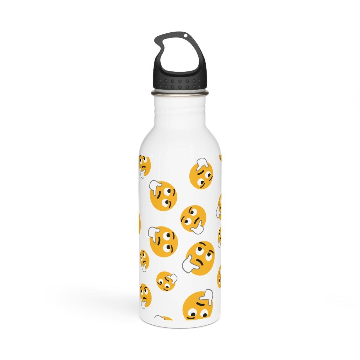 Confused emoji water bottle featuring playful yellow emoji designs on a white background