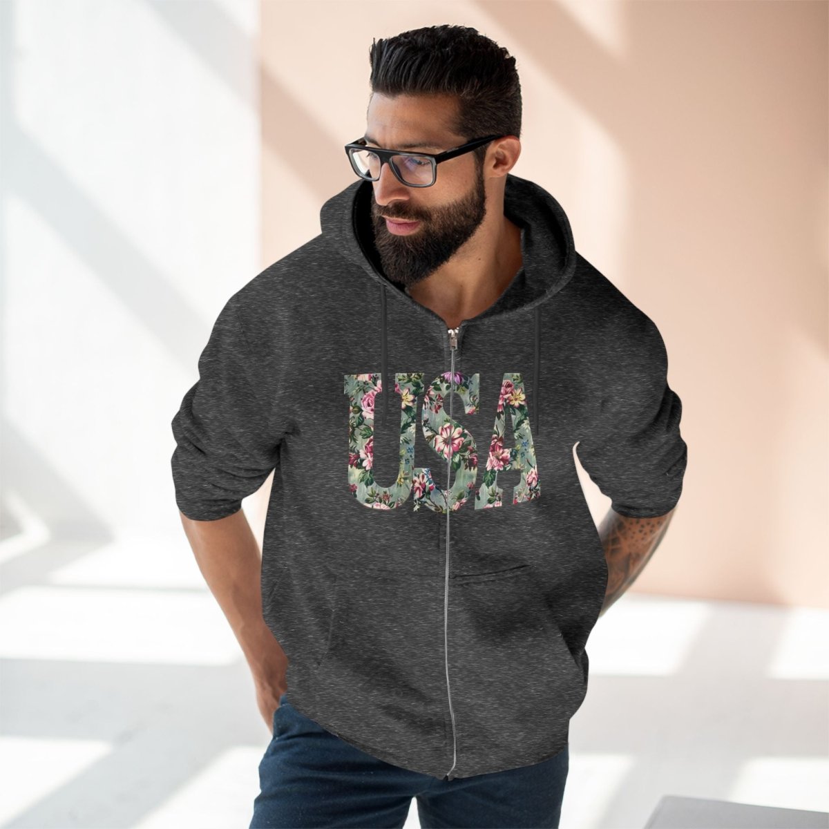 Stylish USA unisex zip hoodie featuring floral design, made from eco-friendly zip hoodie material