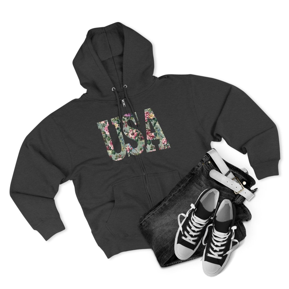 Eco-friendly zip hoodie featuring USA floral design, paired with jeans and sneakers