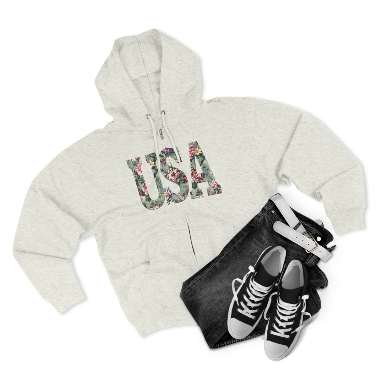 Eco-friendly zip hoodie featuring USA floral design, paired with black jeans and sneakers