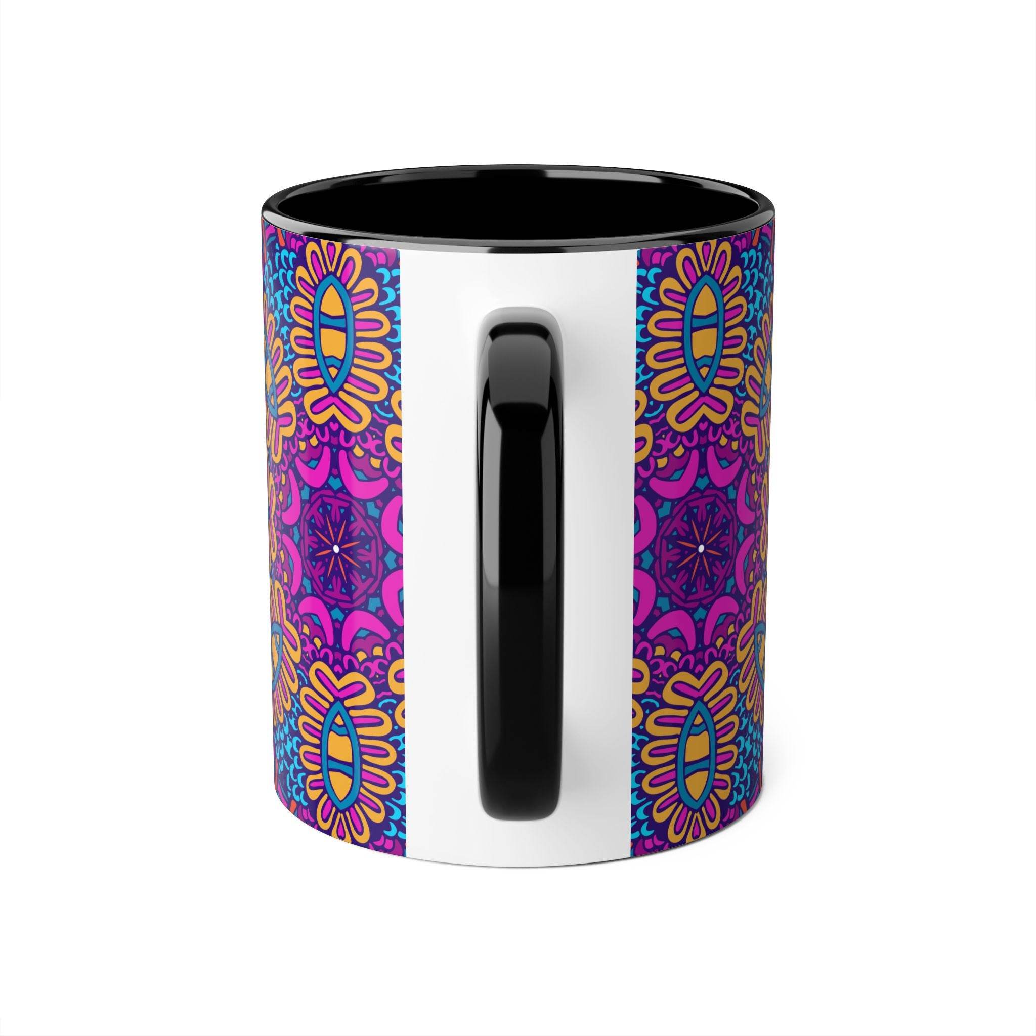 Printify psychedelic coffee mug with vibrant colorful abstract patterns and black handle