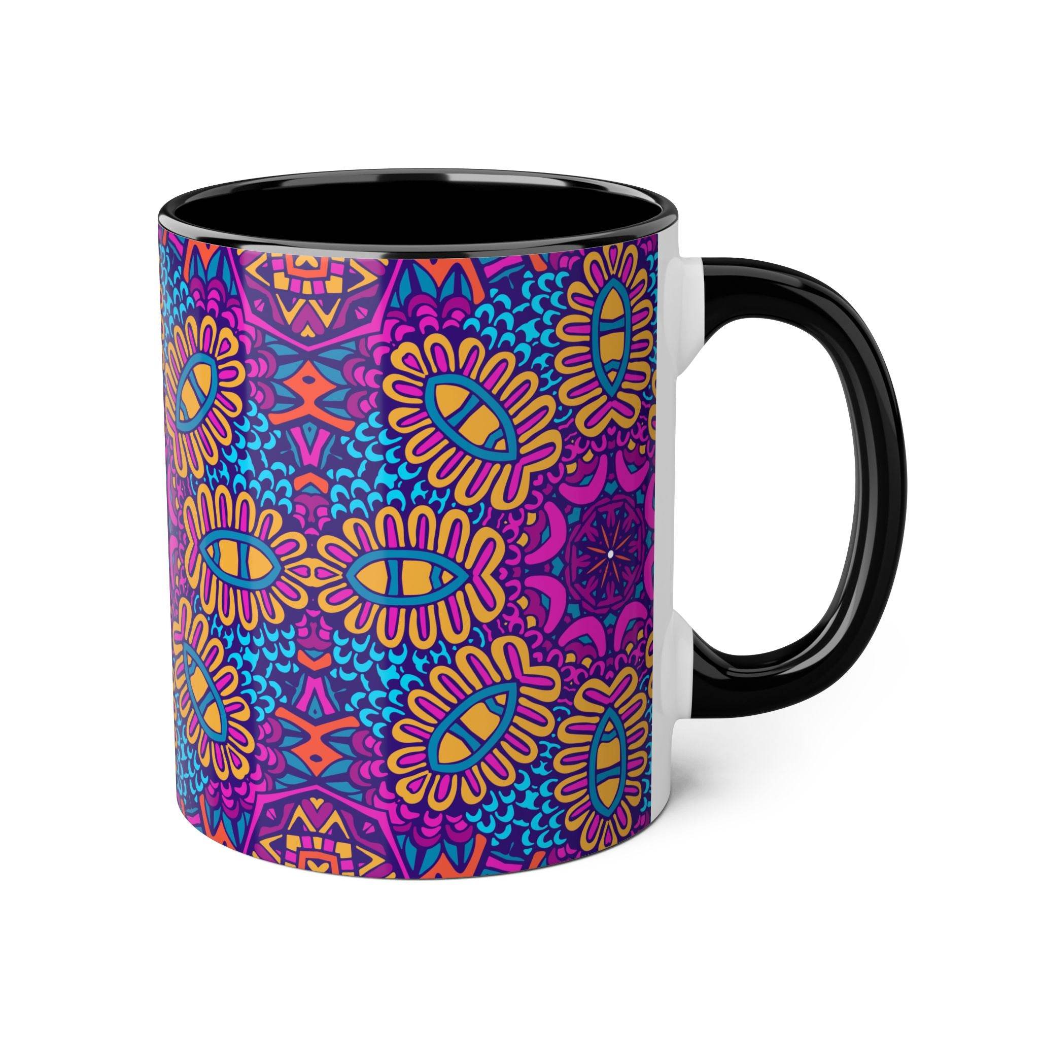 Printify psychedelic coffee mug with vibrant colorful floral and geometric patterns and black handle