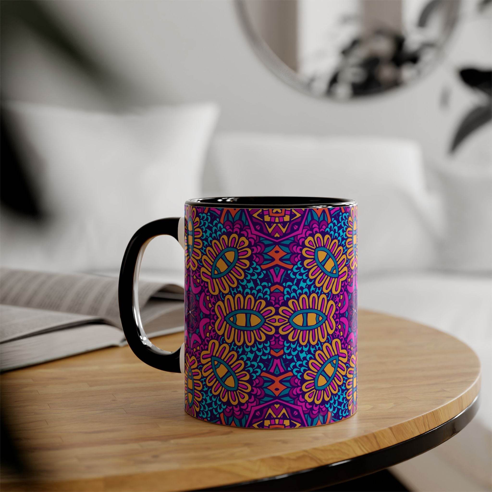 Printify psychedelic coffee mug with colorful floral abstract design on wooden table