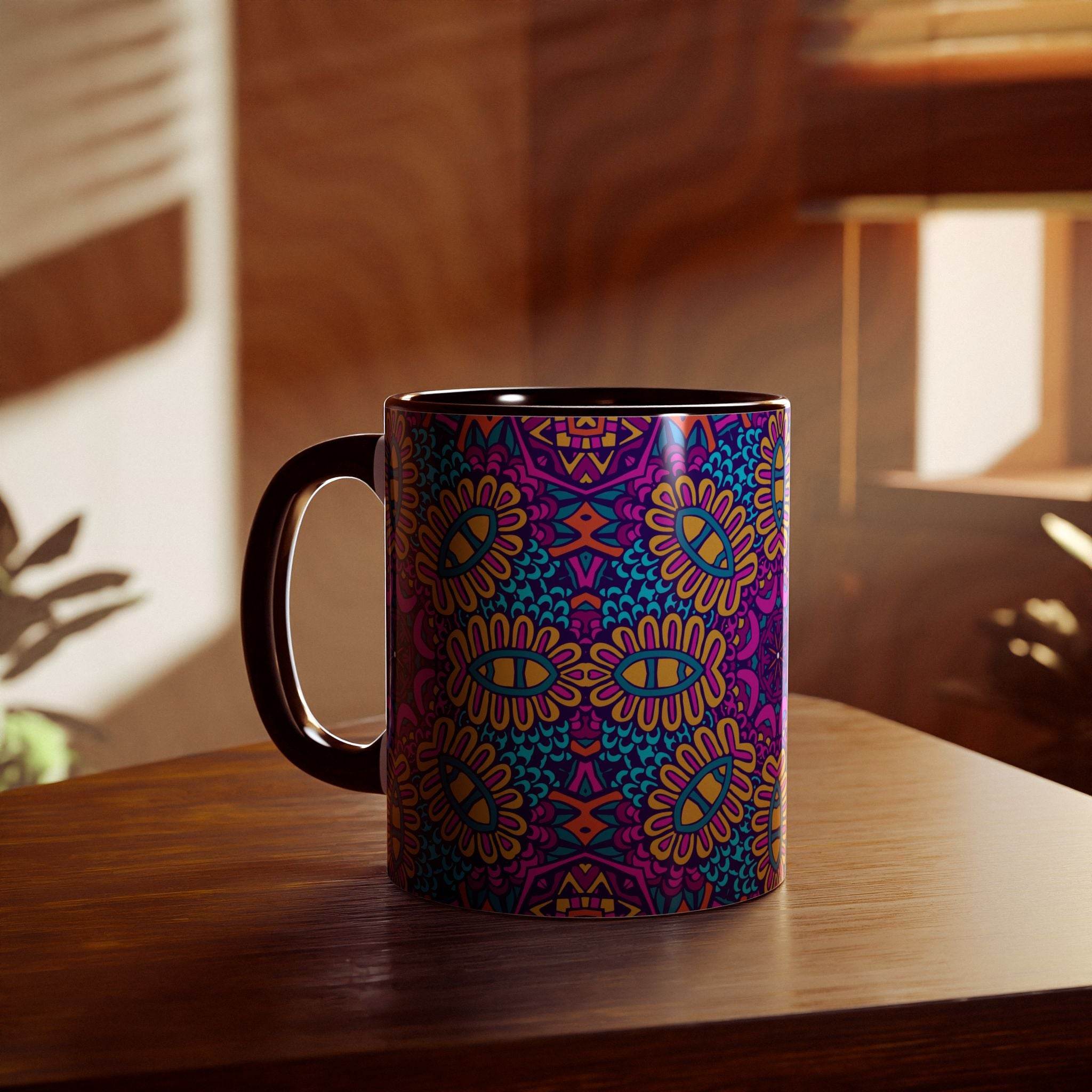Printify psychedelic coffee mug with vibrant colorful abstract pattern on wooden table